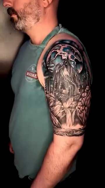 Gothic cathedral and landscape realism tattoo by Paul burrows (Tatttoo Artist)