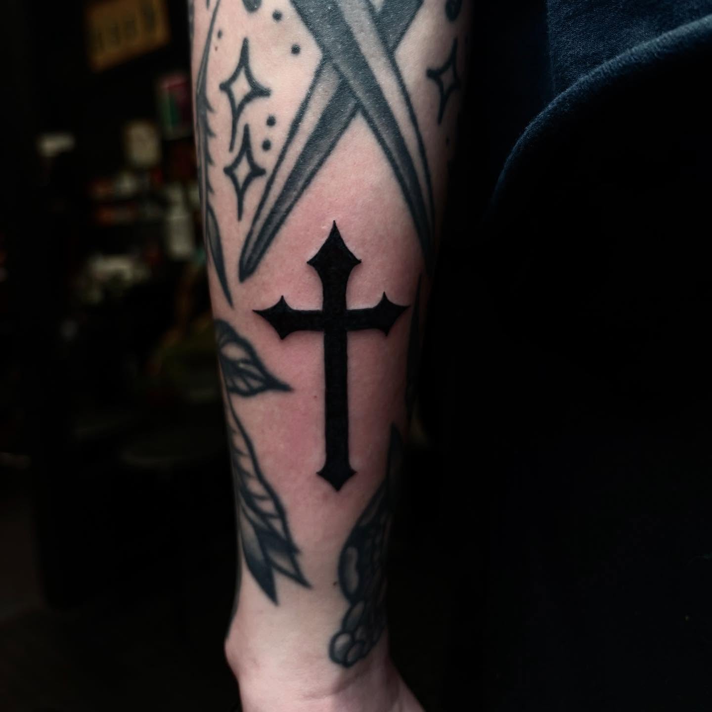 Cross black and grey tattoo on the forearm by ππ©π’π΅ππ«π‘π―π ππ¬π«π’π°