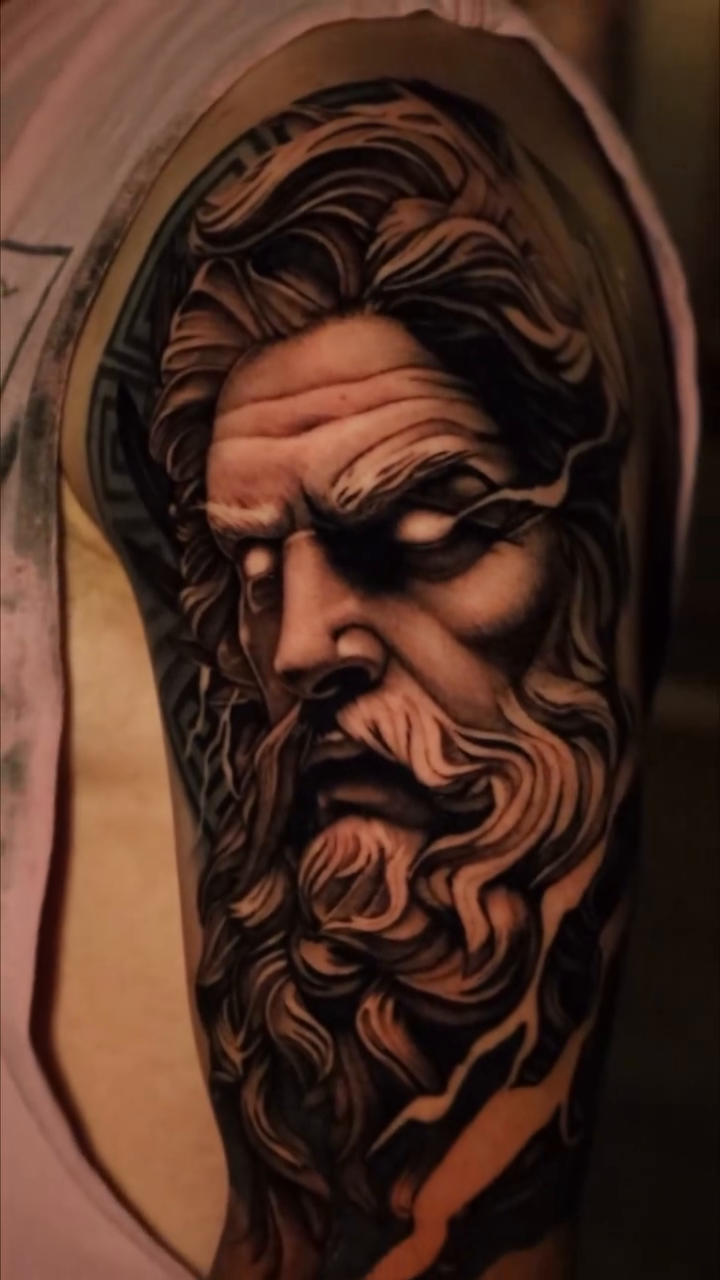 Greek god portrait realism tattoo by Bryan Palacios