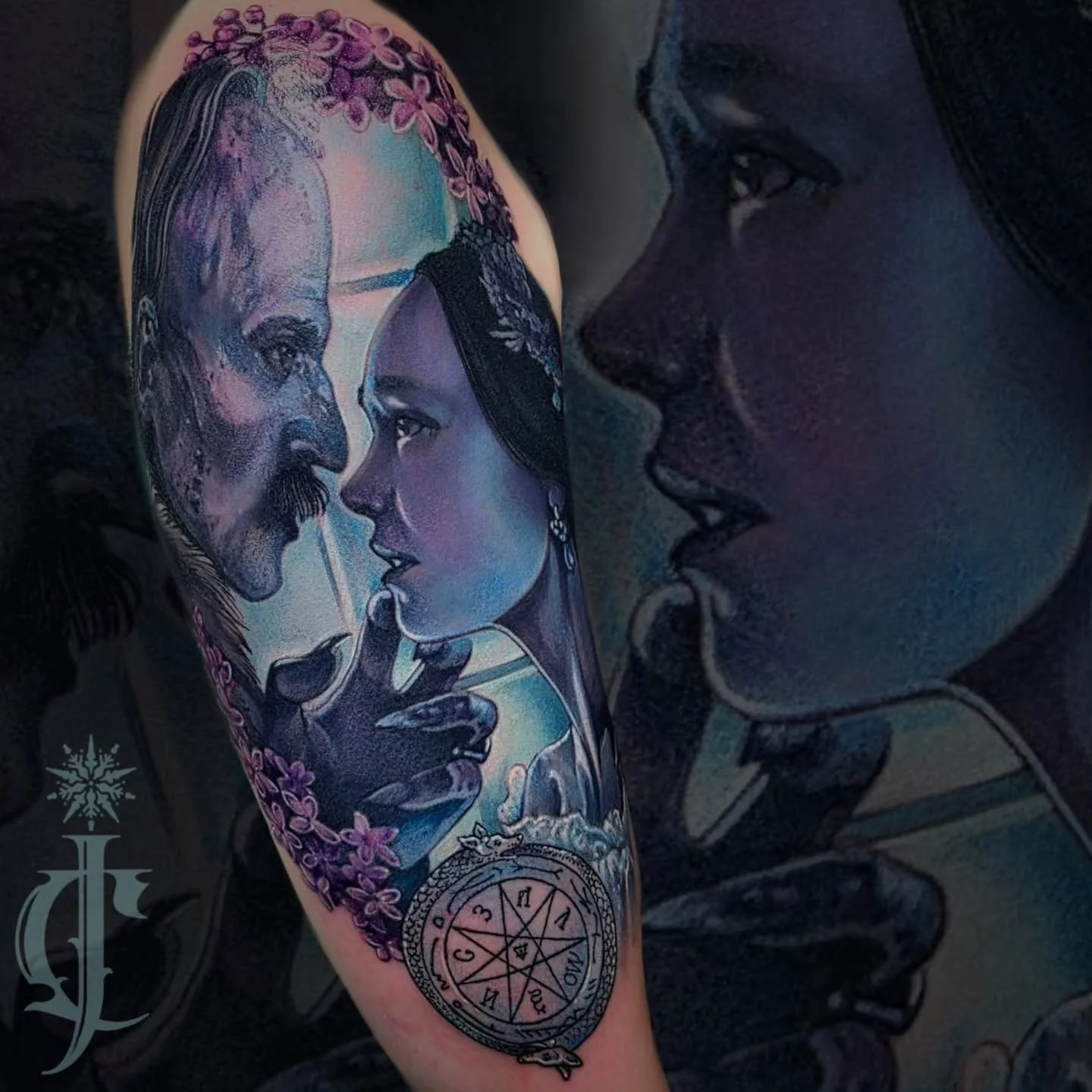 Portrait realism tattoo on the forearm by Jessica Canvas