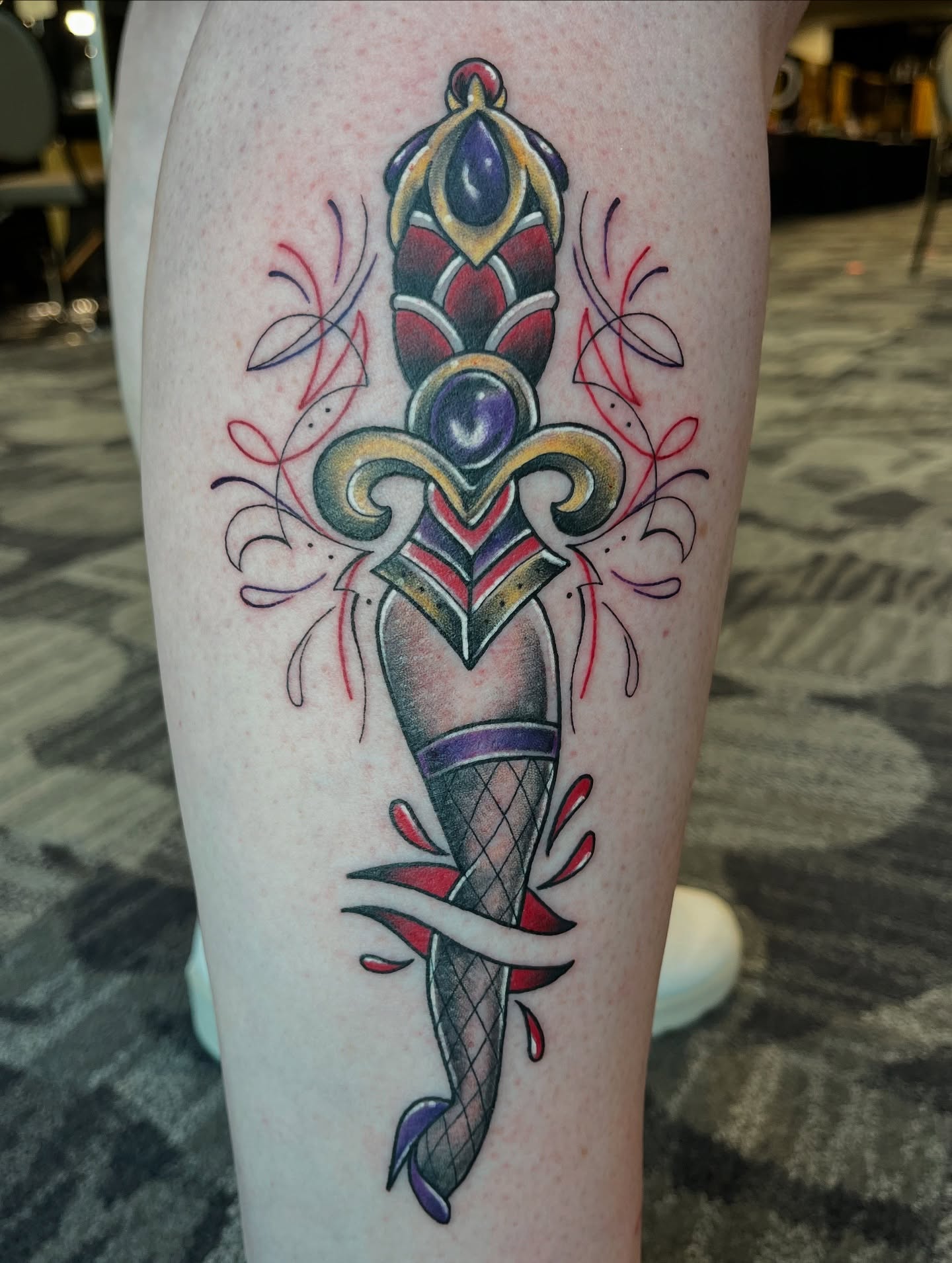 Sword American traditional tattoo on the leg by Michigan Tattoo Artist - Nadia Garver, Clinton Township, Michigan