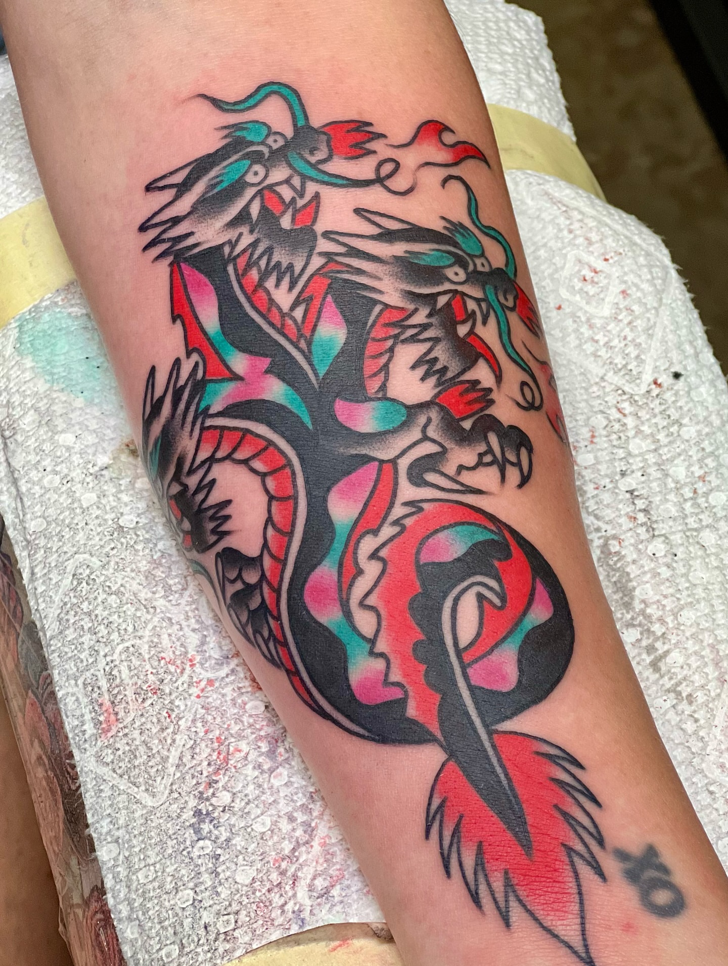 Dragon American traditional tattoo on the forearm by morganhabe