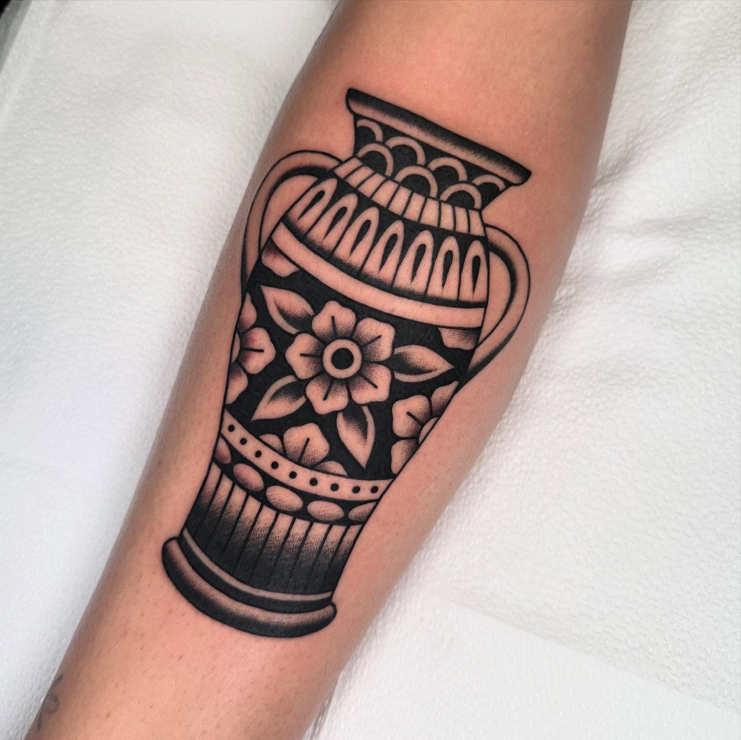 Pitcher black and grey tattoo on the forearm by Chelstine, Encinitas, California