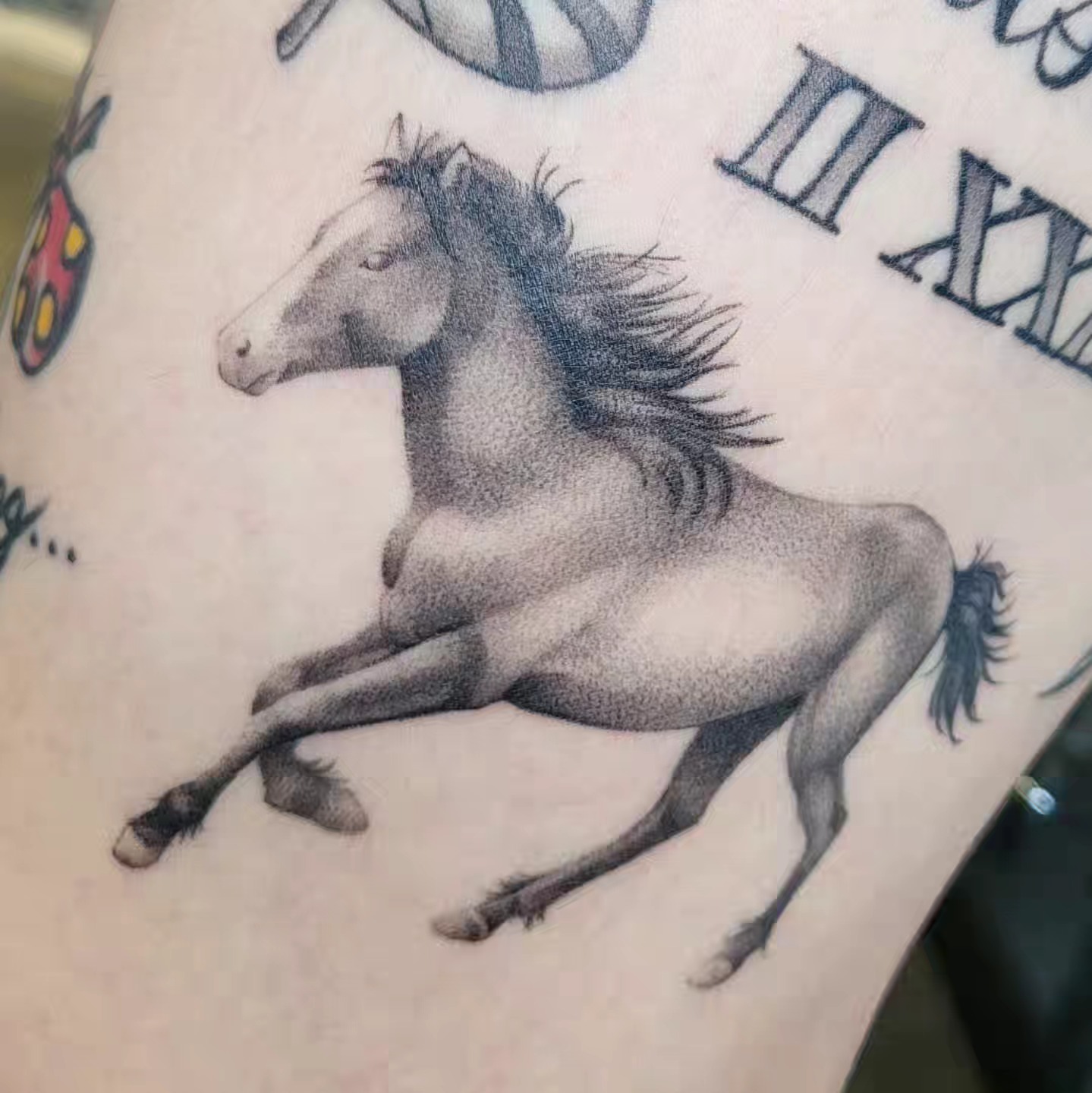 Galloping horse dotwork tattoo on the forearm by Brenda Juarez - Tattoo Artist