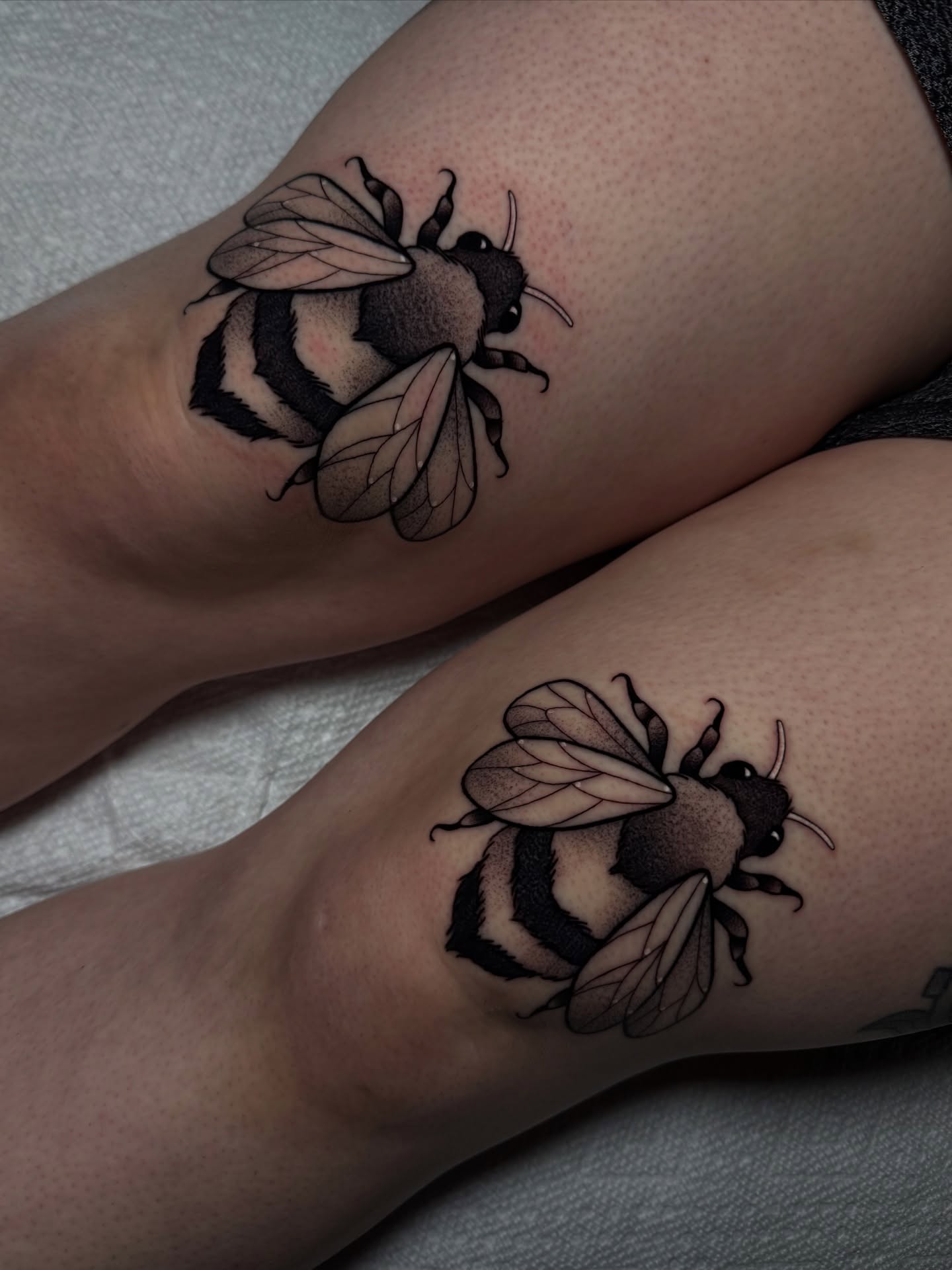 Bee realism tattoo on the forearm by Bell Bolton