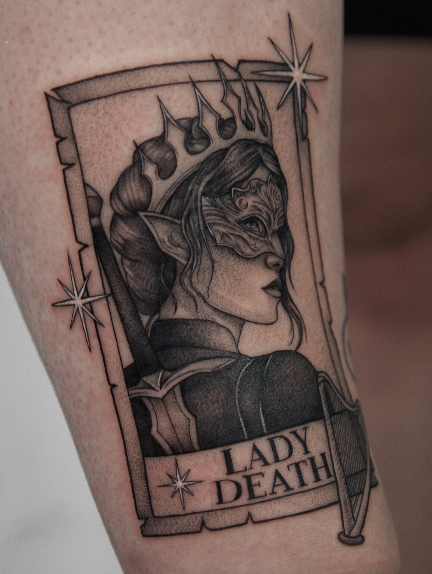 Lady Death realism tattoo on the forearm by caliope yiannos