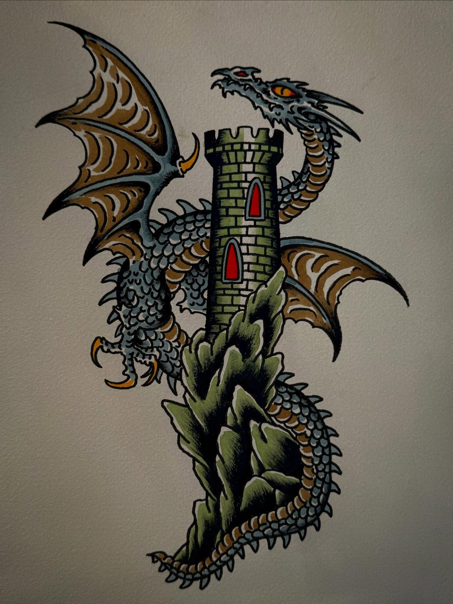 Dragon and castle American traditional tattoo by Jesse Swanson, Santa Rosa, California