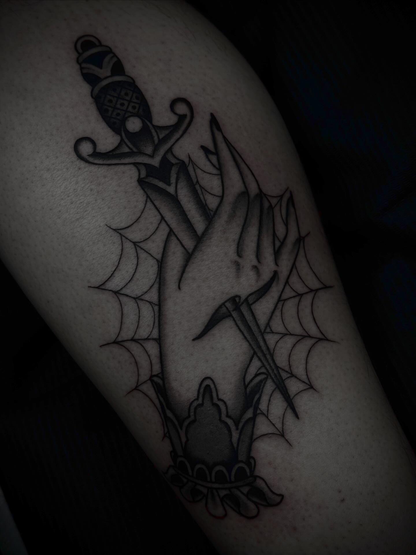 Hand with dagger American traditional tattoo on the forearm by Ally noel