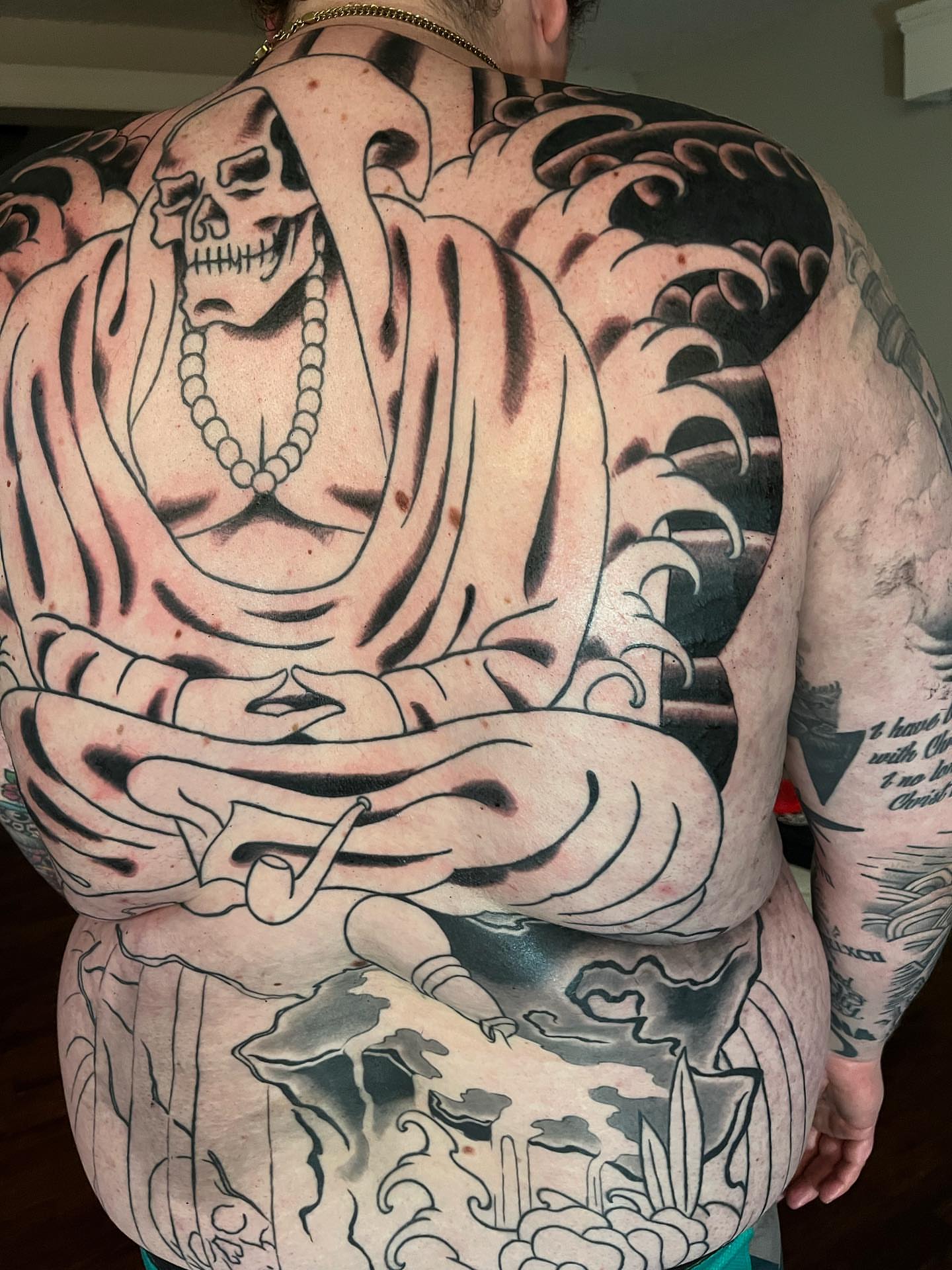 Meditating skeleton japanese irezumi tattoo on the back by TYP 419, Toledo, Ohio
