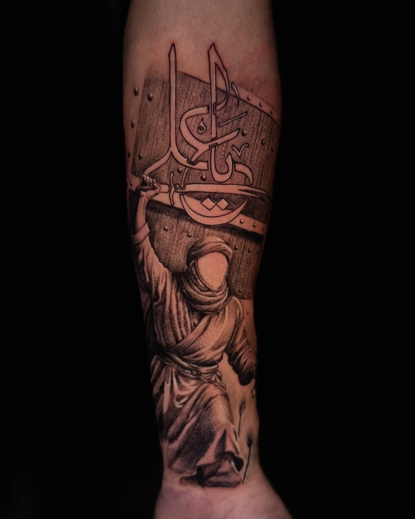 Statue with shield and sword realism tattoo on the forearm by ☆ LULU ☆ Licence No. 108595