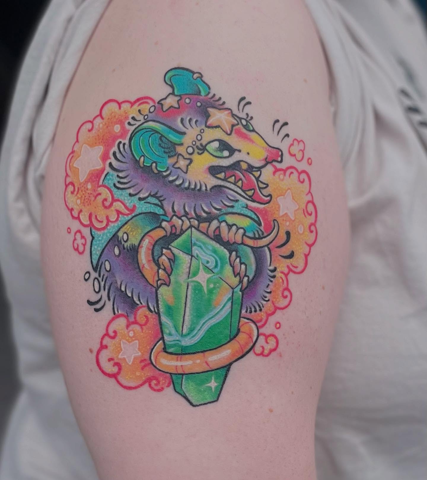 Fantasy creature with crystal new school tattoo on the shoulder by Robin Wintringham