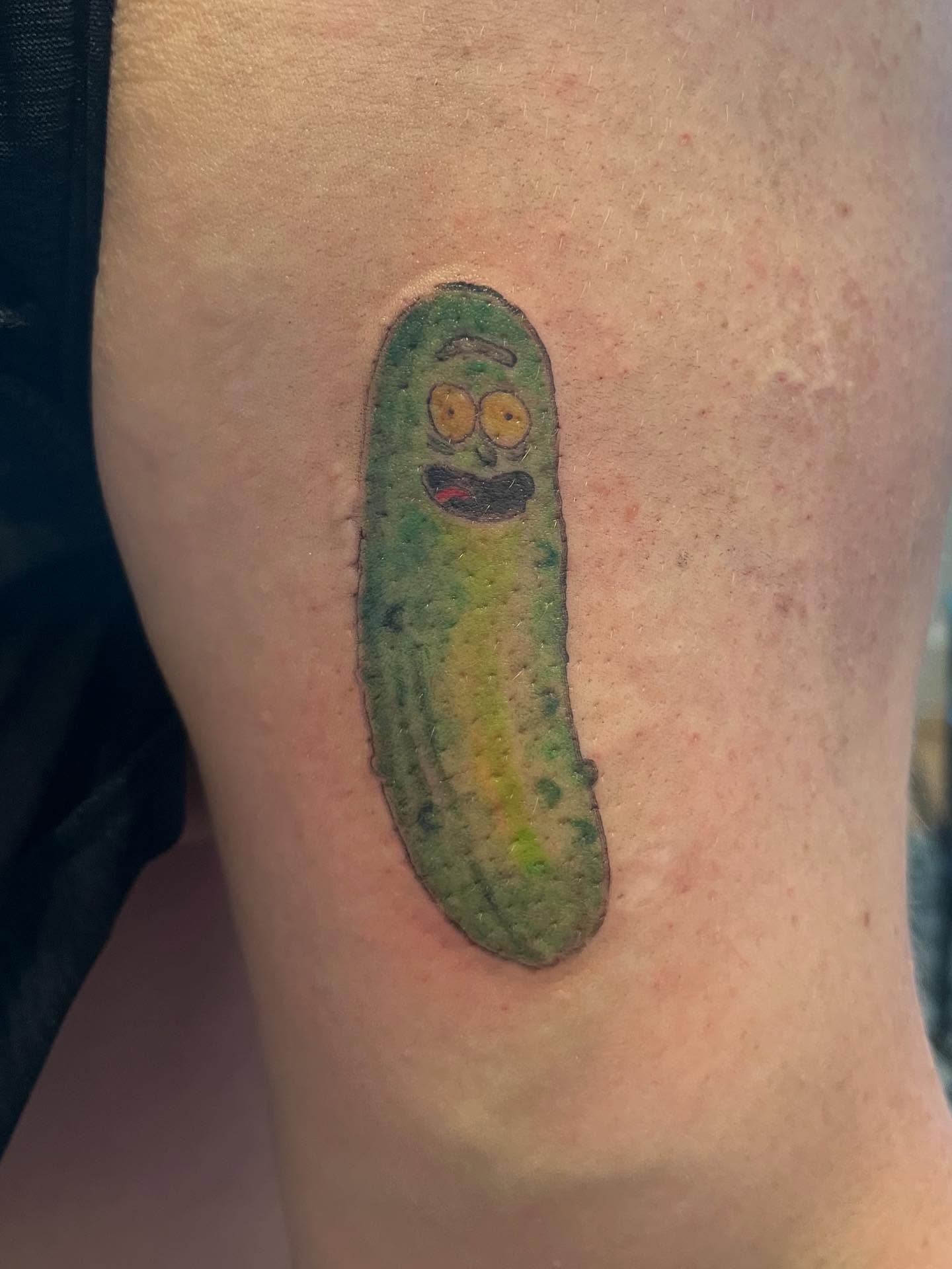 Pickle realism tattoo on the forearm by Val Maughan