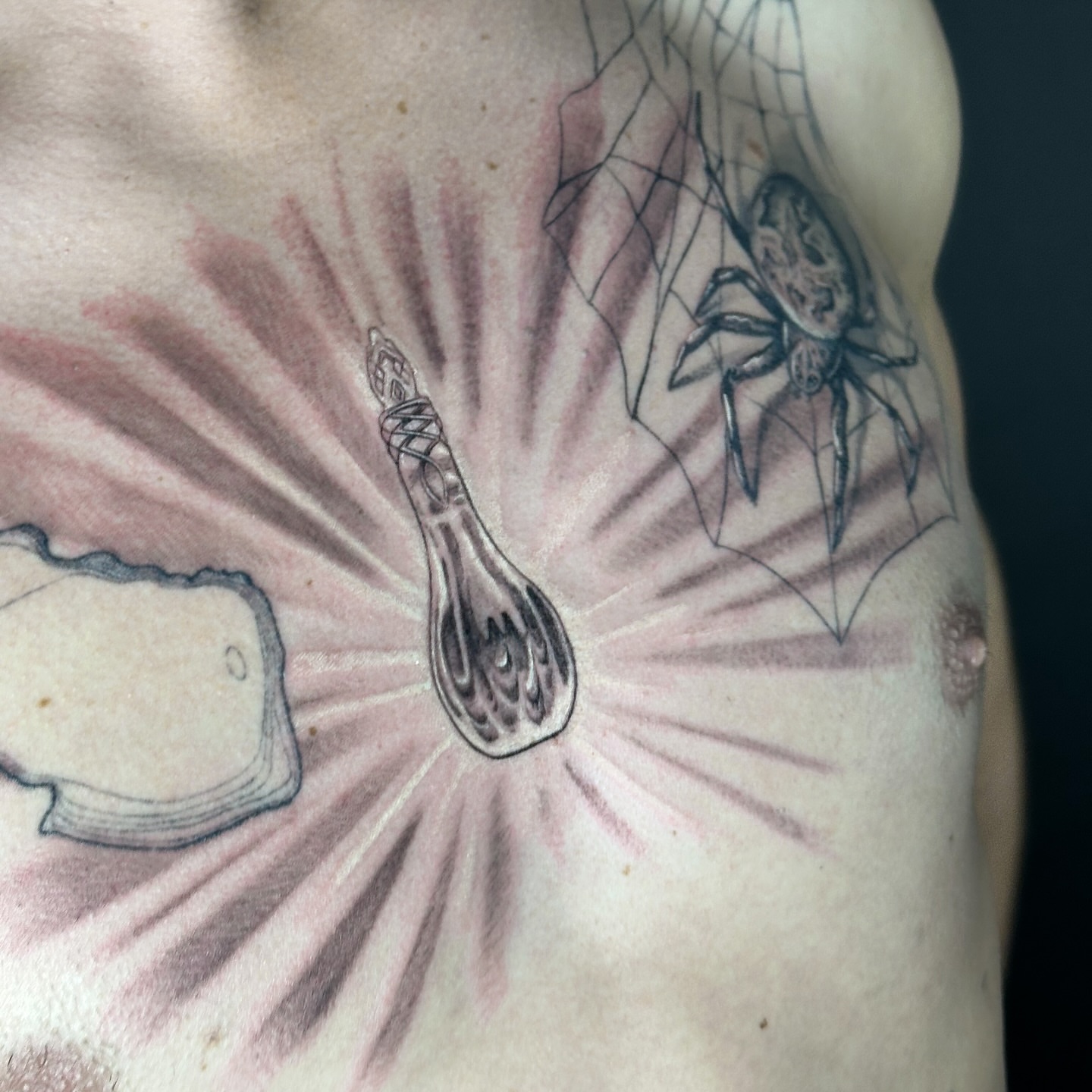 Spider and string black and grey tattoo on the chest by Tattoo Artist Bay Area - Lorenzo, Berkeley, California