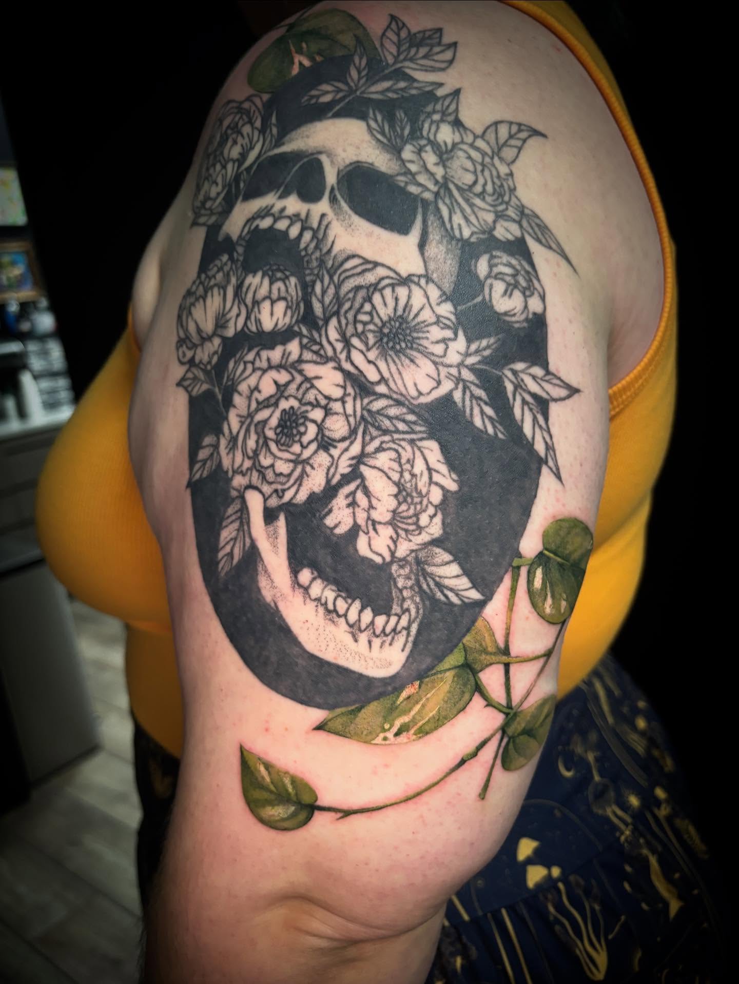 Skull and flowers dotwork tattoo on the shoulder by ✶ 𝓑𝓲𝓽𝓮𝓼𝓲𝔃𝓮𝓭 𝓘𝓷𝓴 ✶, Buford, Georgia