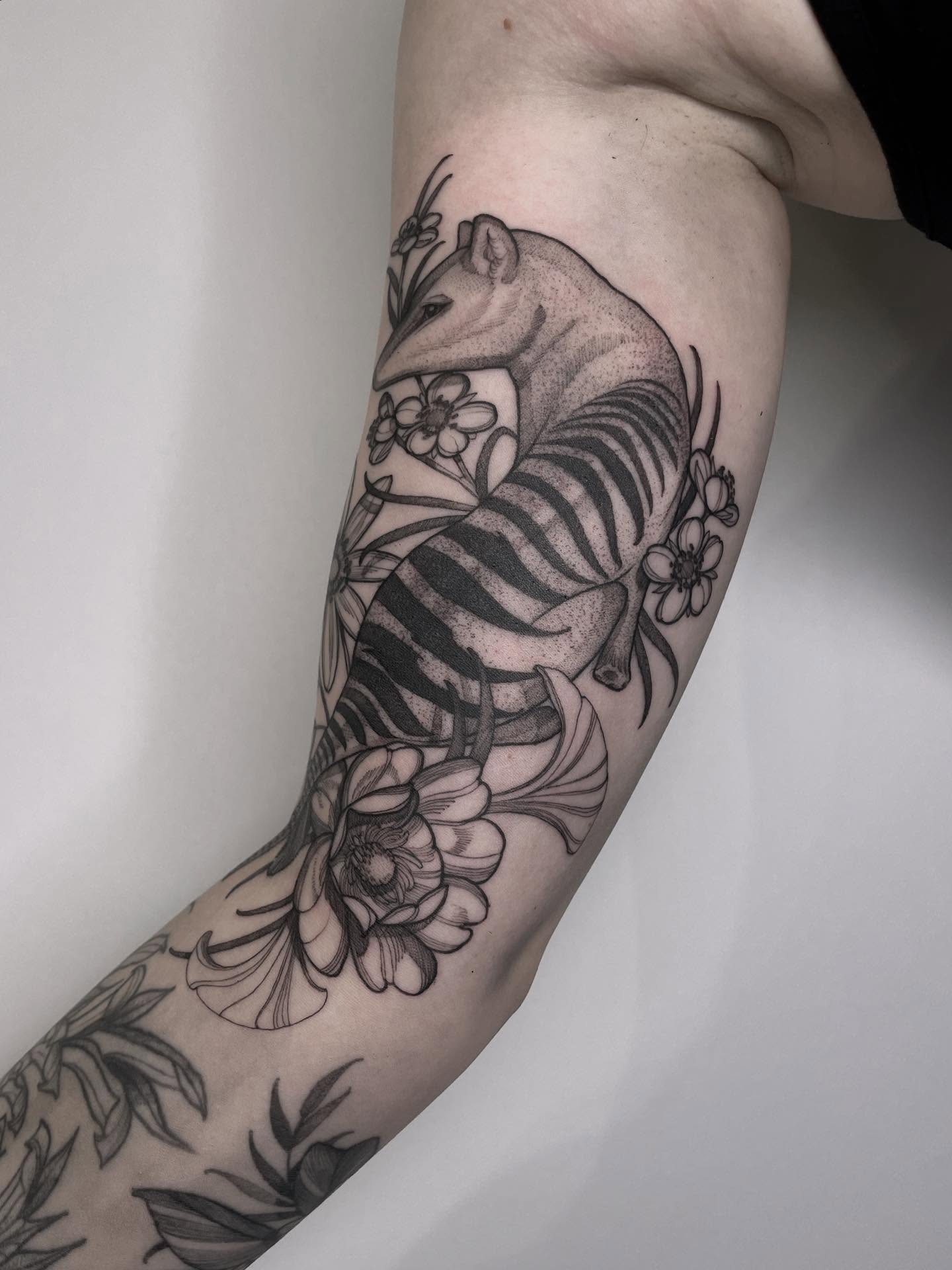Zebra and flowers realism tattoo on the forearm by Carol Jacky