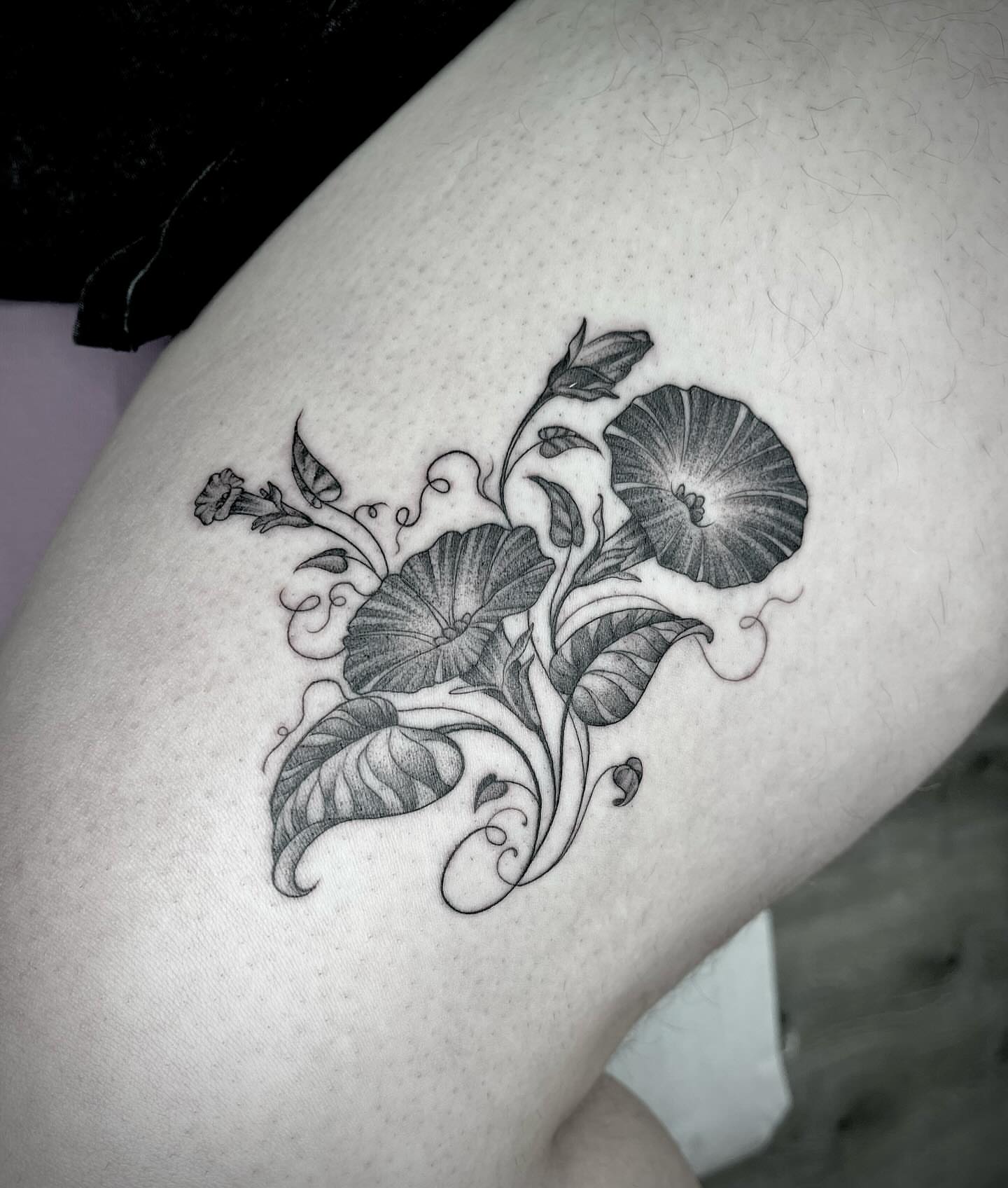 Morning glory black and grey tattoo on the thigh by Martha Gual π€ East ATX Tattooer