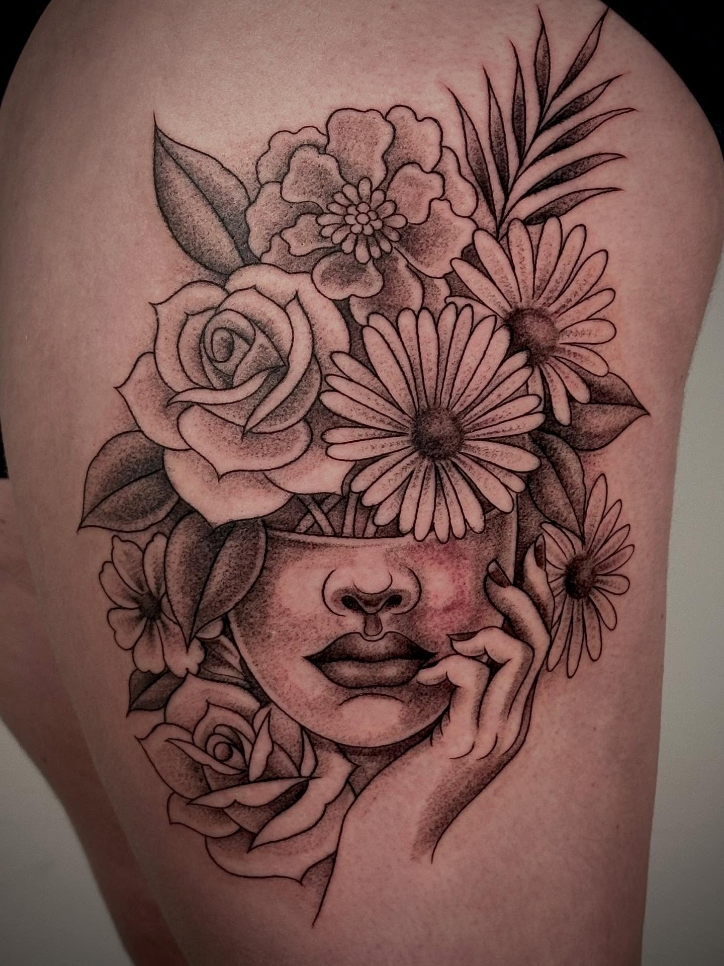 Floral bouquet dotwork tattoo on the thigh by MR