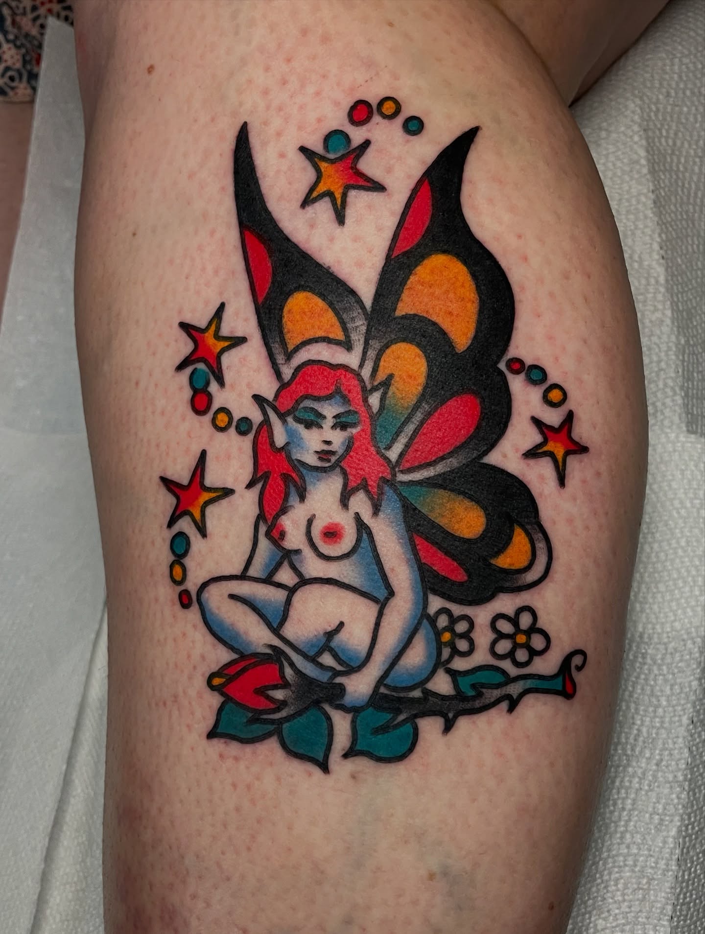 Fairy American traditional tattoo on the thigh by David Armacost, Cincinnati, Ohio