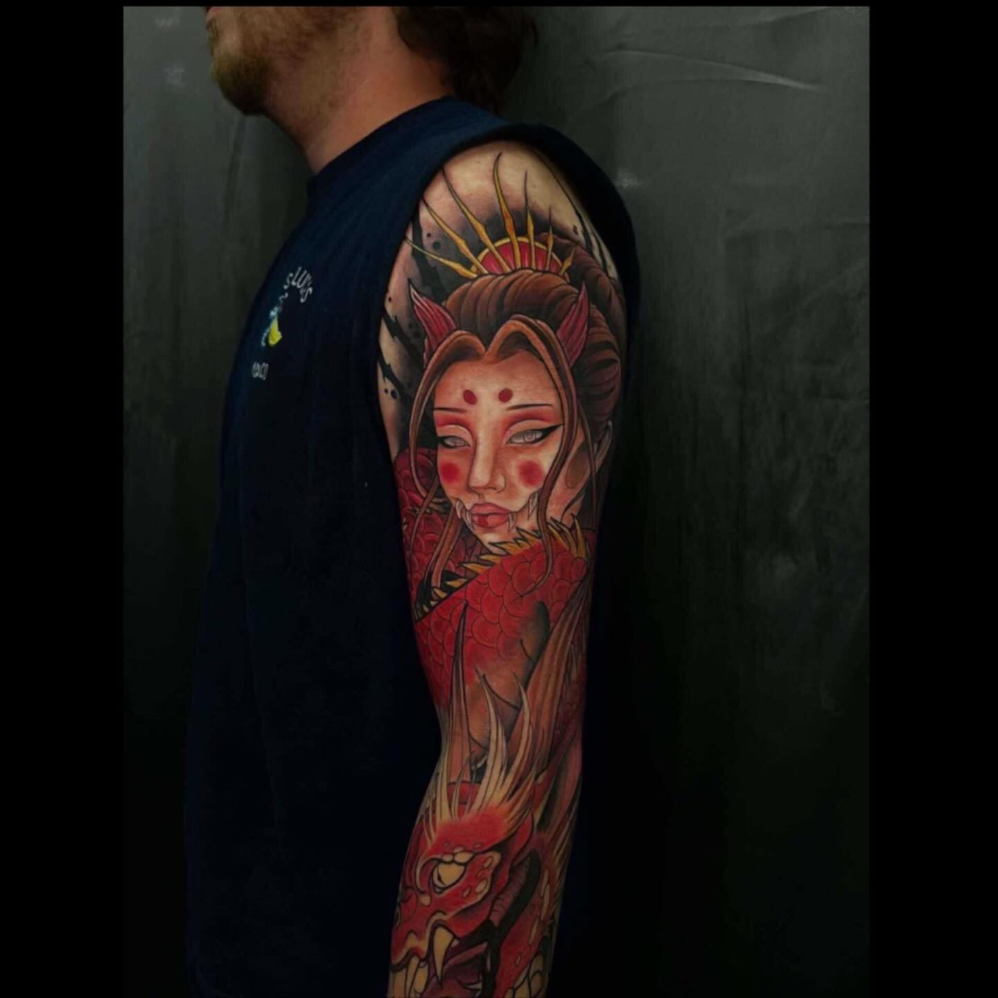 Geisha with dragon japanese irezumi tattoo on the forearm by BodyArtByAlia