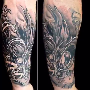 Spawn character dark realism tattoo by Nick Harrison, Dayton, Ohio