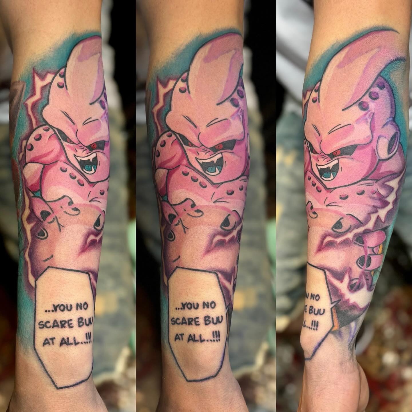 Buu anime tattoo on the forearm by Stephanie Cruz, Kansas City, Missouri