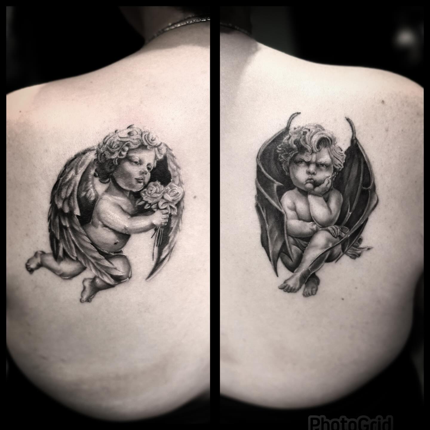 Cherub realism tattoo on the back by Blake Van Vleck