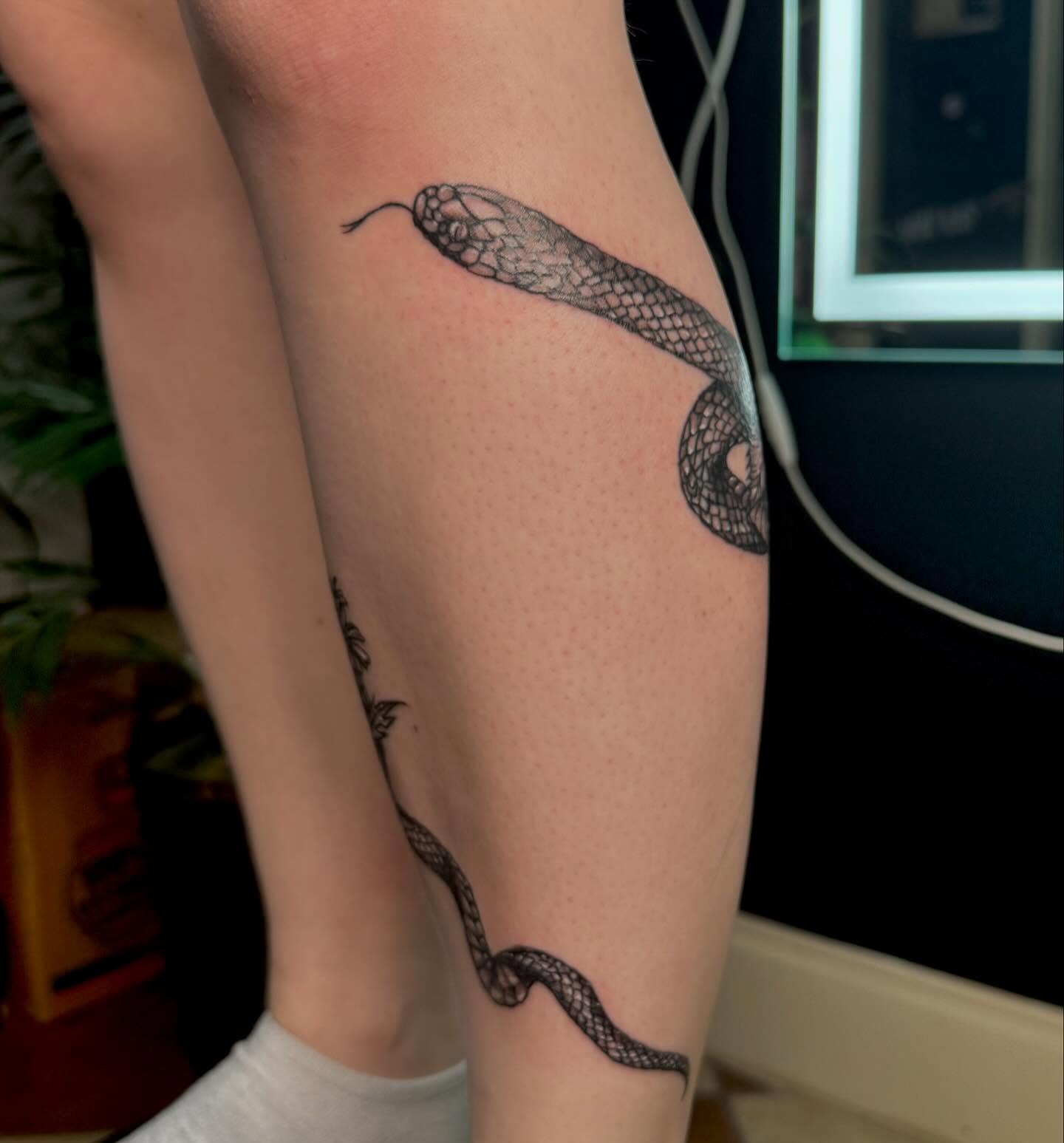 Snake dotwork tattoo on the leg by Nina Rush