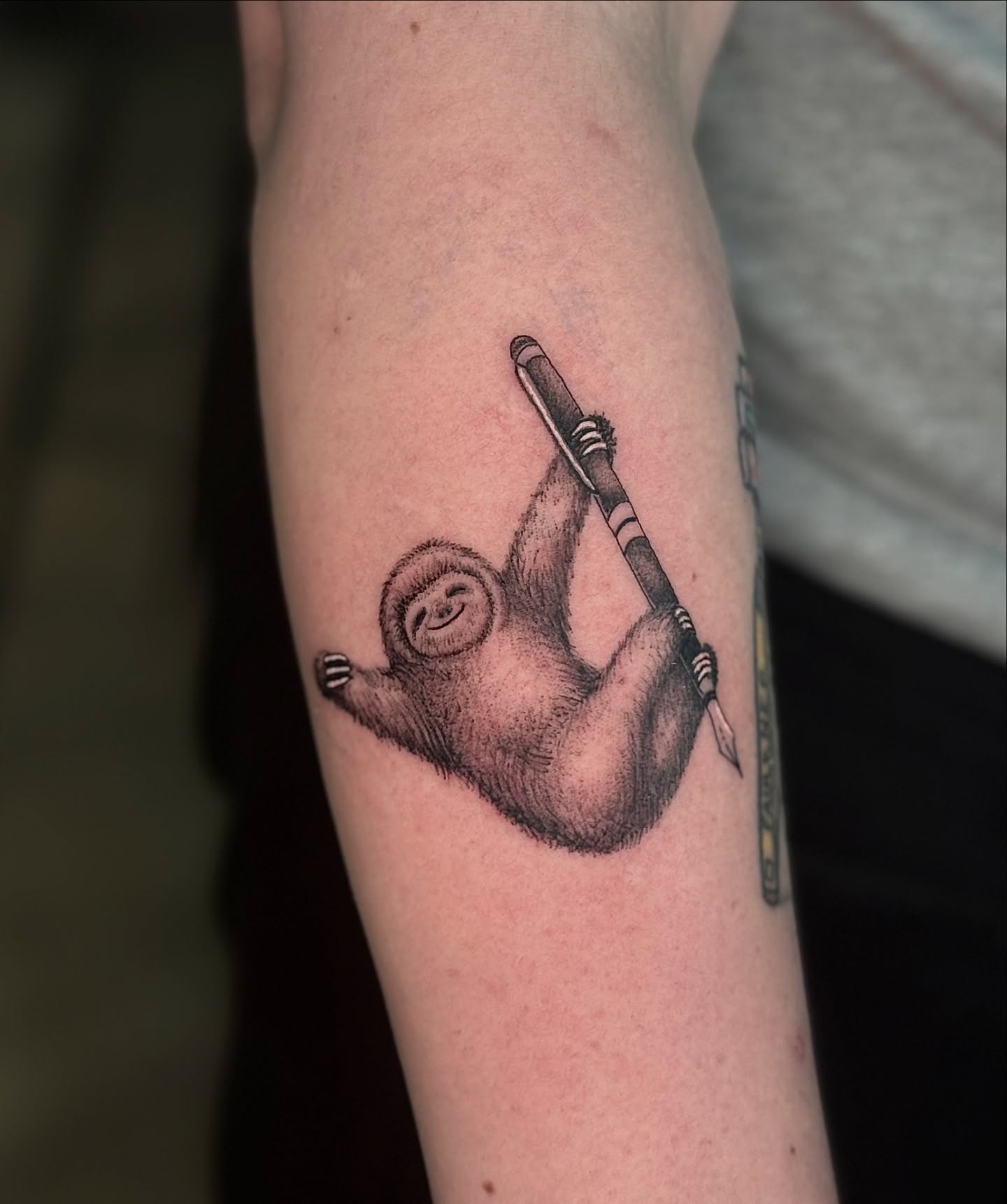 Sloth black and grey tattoo on the forearm by Khang🇻🇳