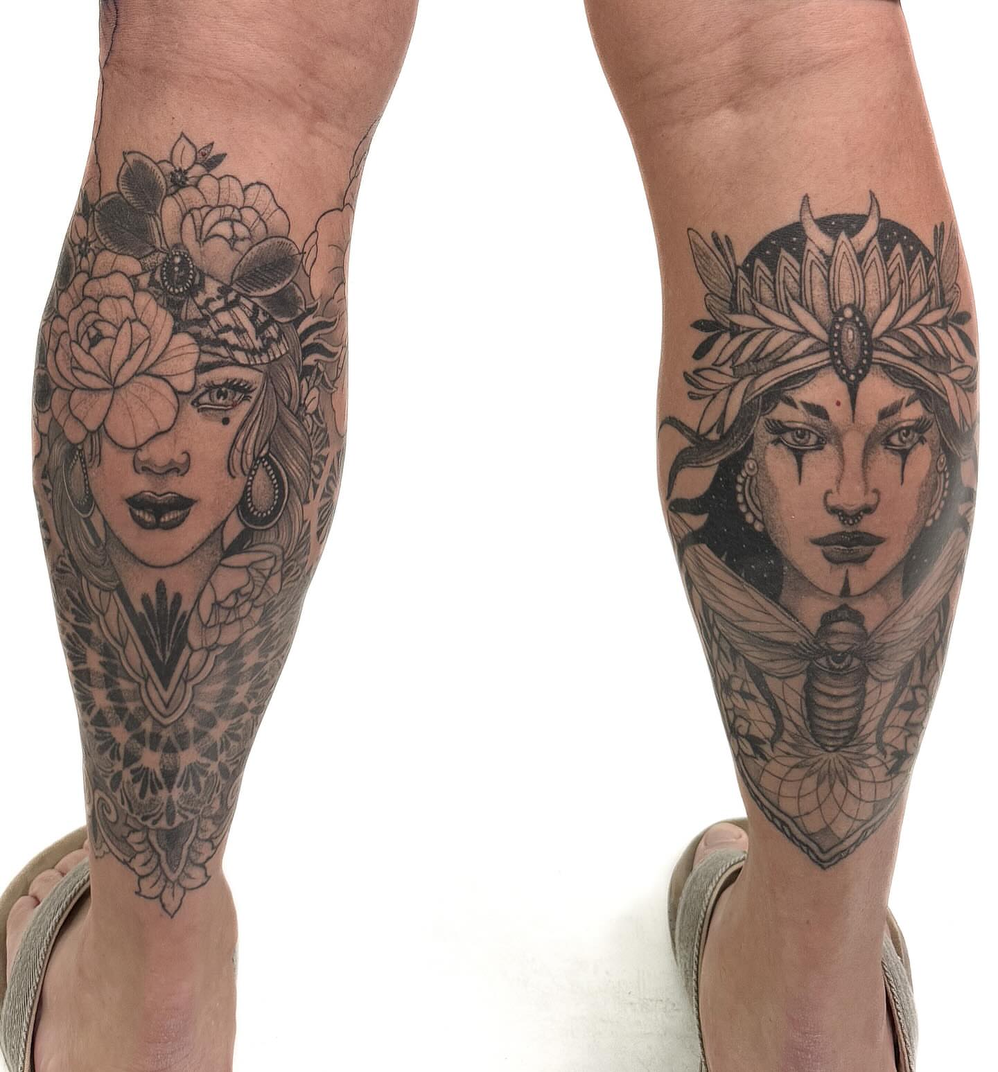 Floral woman realism tattoo on the calf by Jamie Beach, Wheat Ridge, Colorado