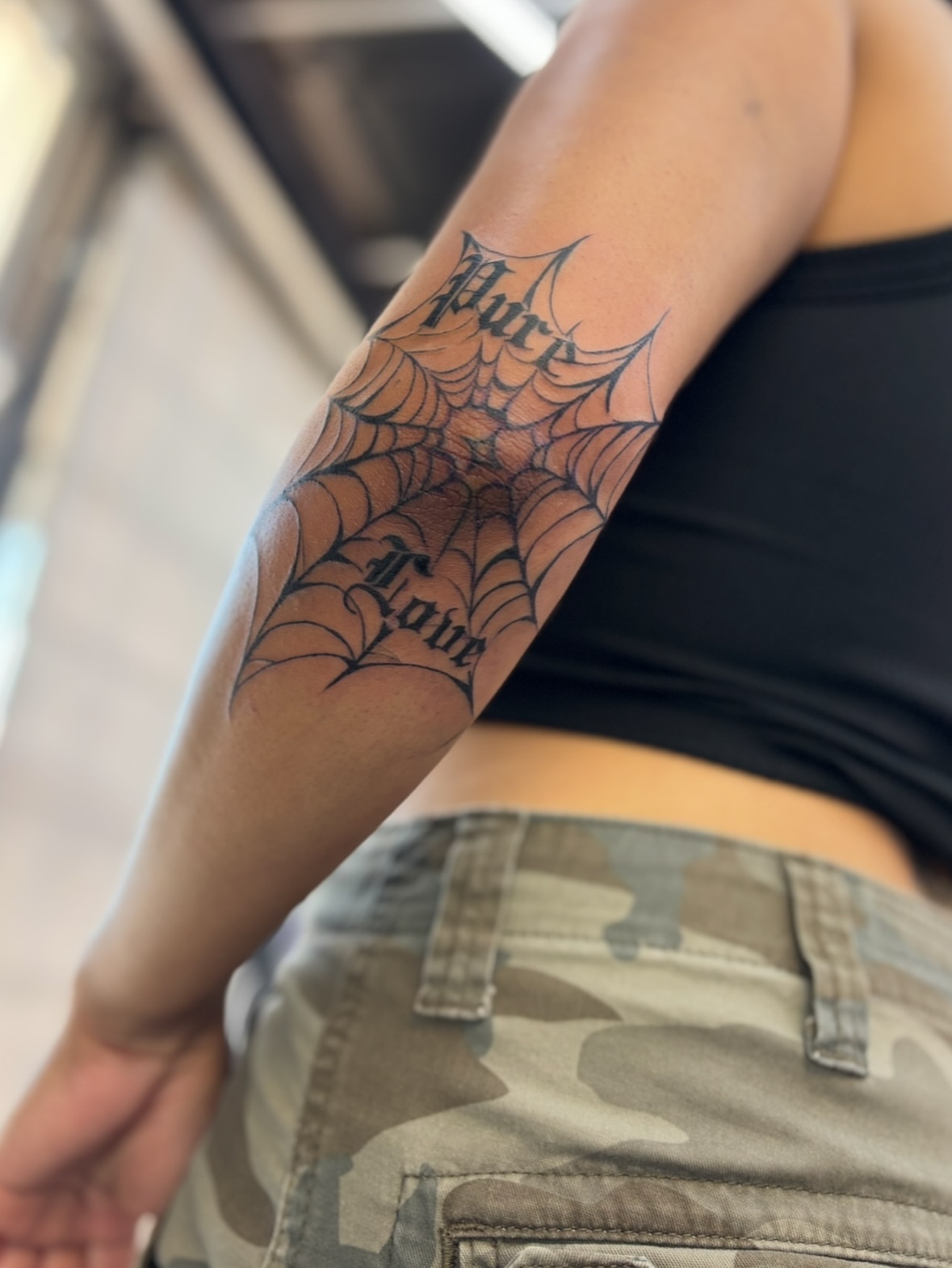 Spider web black and grey tattoo on the forearm by $weet little leslie 🩶🧚🏻‍♀️