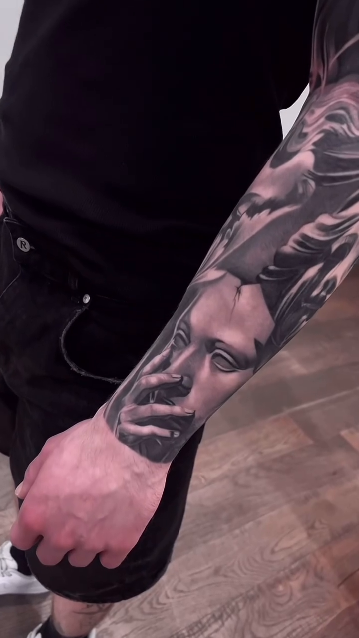 Classical figures and drapery realism tattoo by Erick Gutierrez, Las Vegas, Nevada