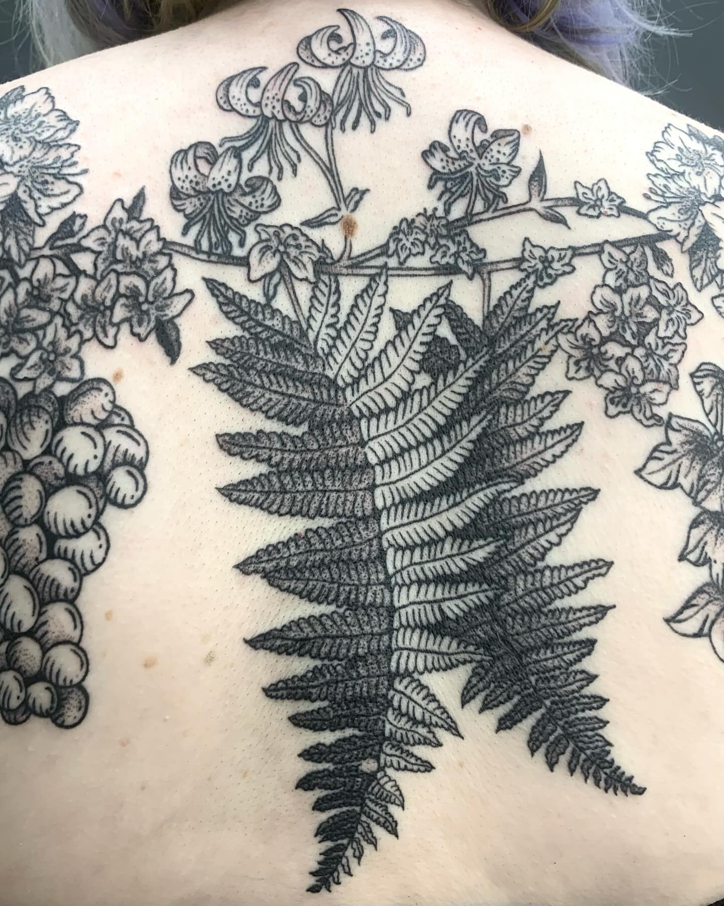 Fern and flowers black and grey tattoo on the back by jay