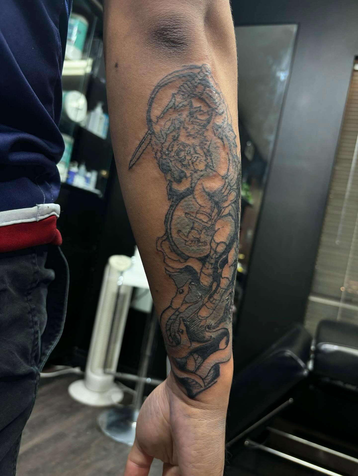 Tattoo by @allthings_comix — black_and_grey