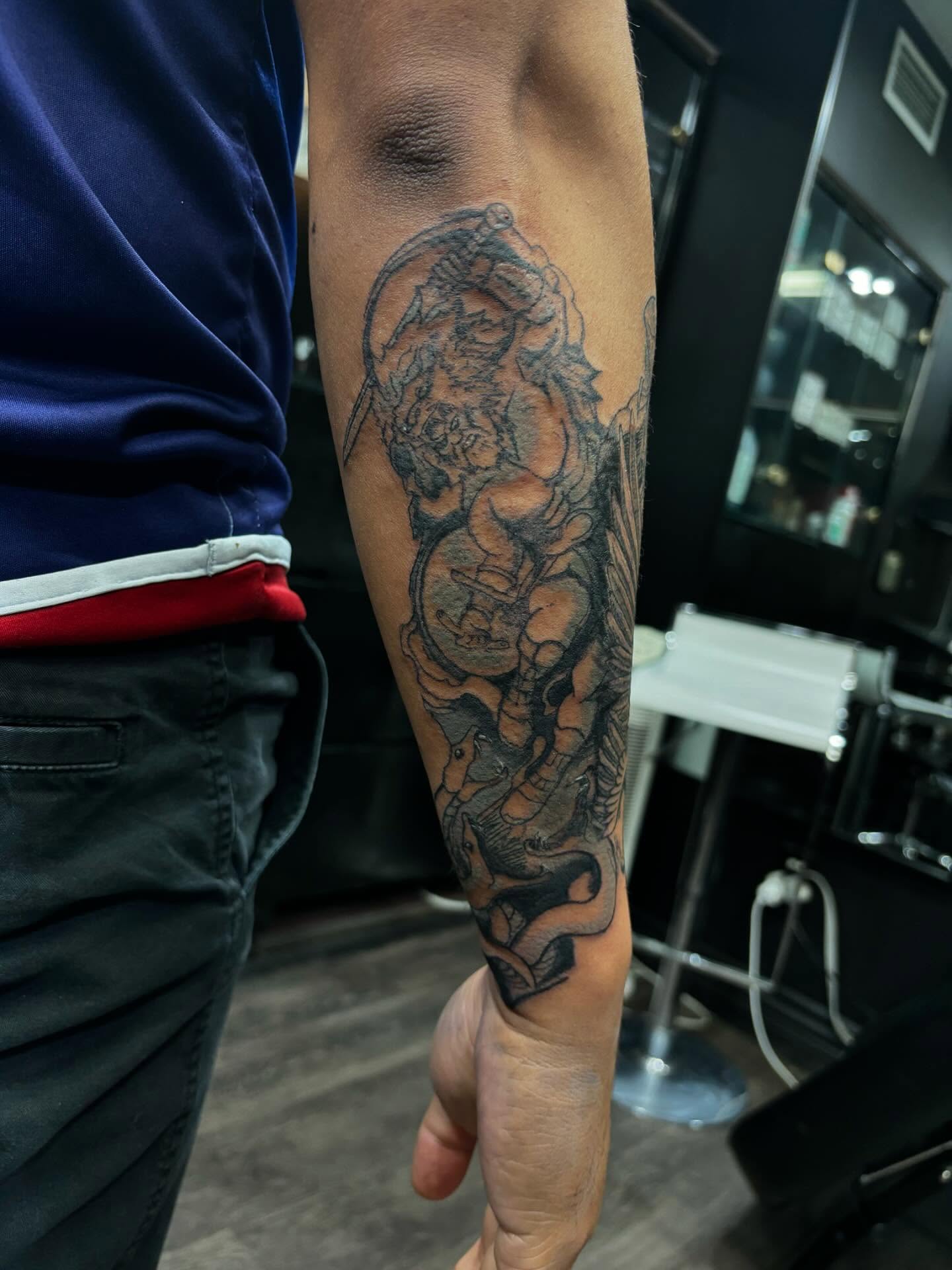 Tattoo by @allthings_comix — black_and_grey