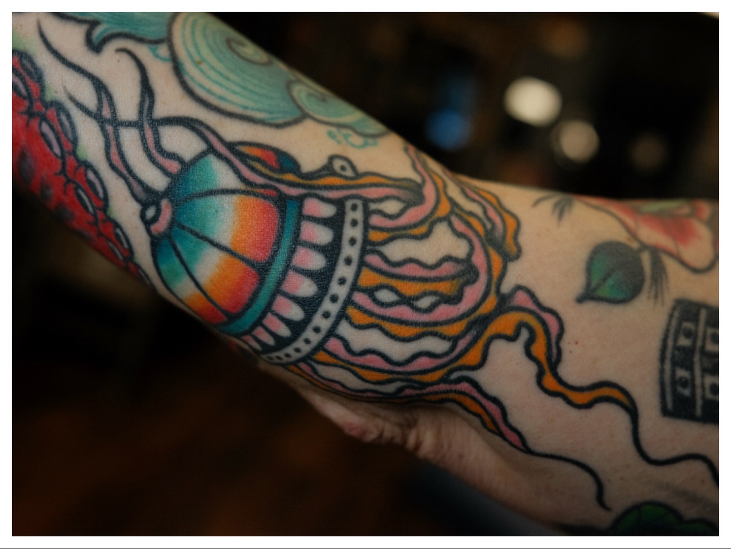 Abstract design new school tattoo on the forearm by Tony Talbert, Fredericksburg, Virginia