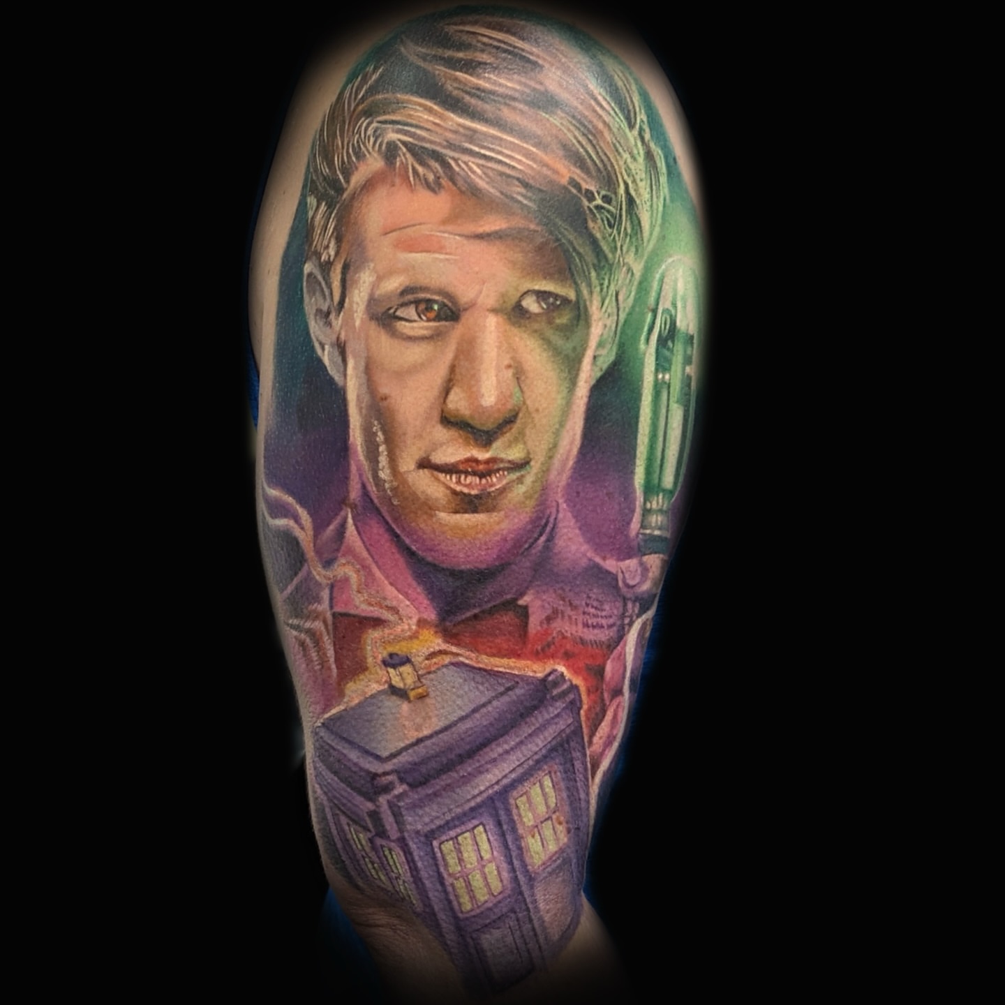 Doctor who realism tattoo on the forearm by Brandon Bowie