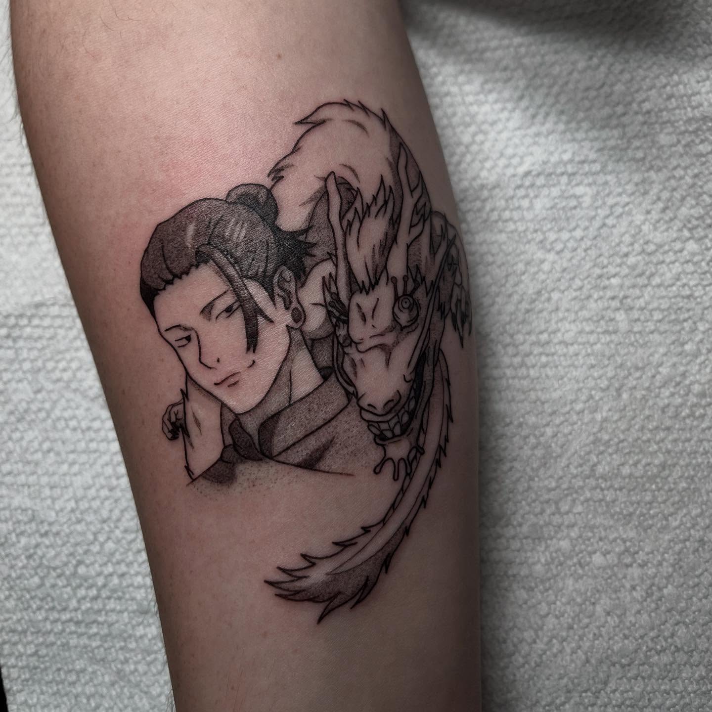 Woman and dragon dotwork tattoo on the forearm by Ty’s Tattoos