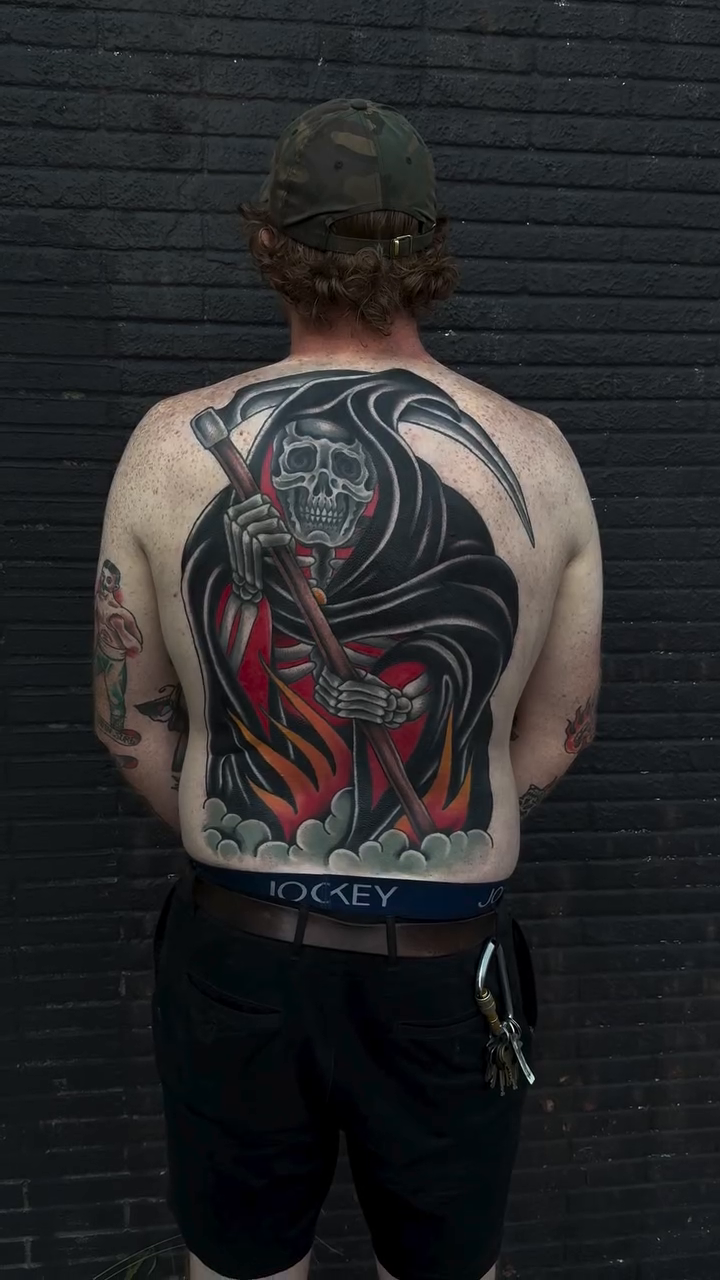 Grim Reaper with scythe and flames American traditional tattoo by derrick b. π² Modern Traditional Tattoo