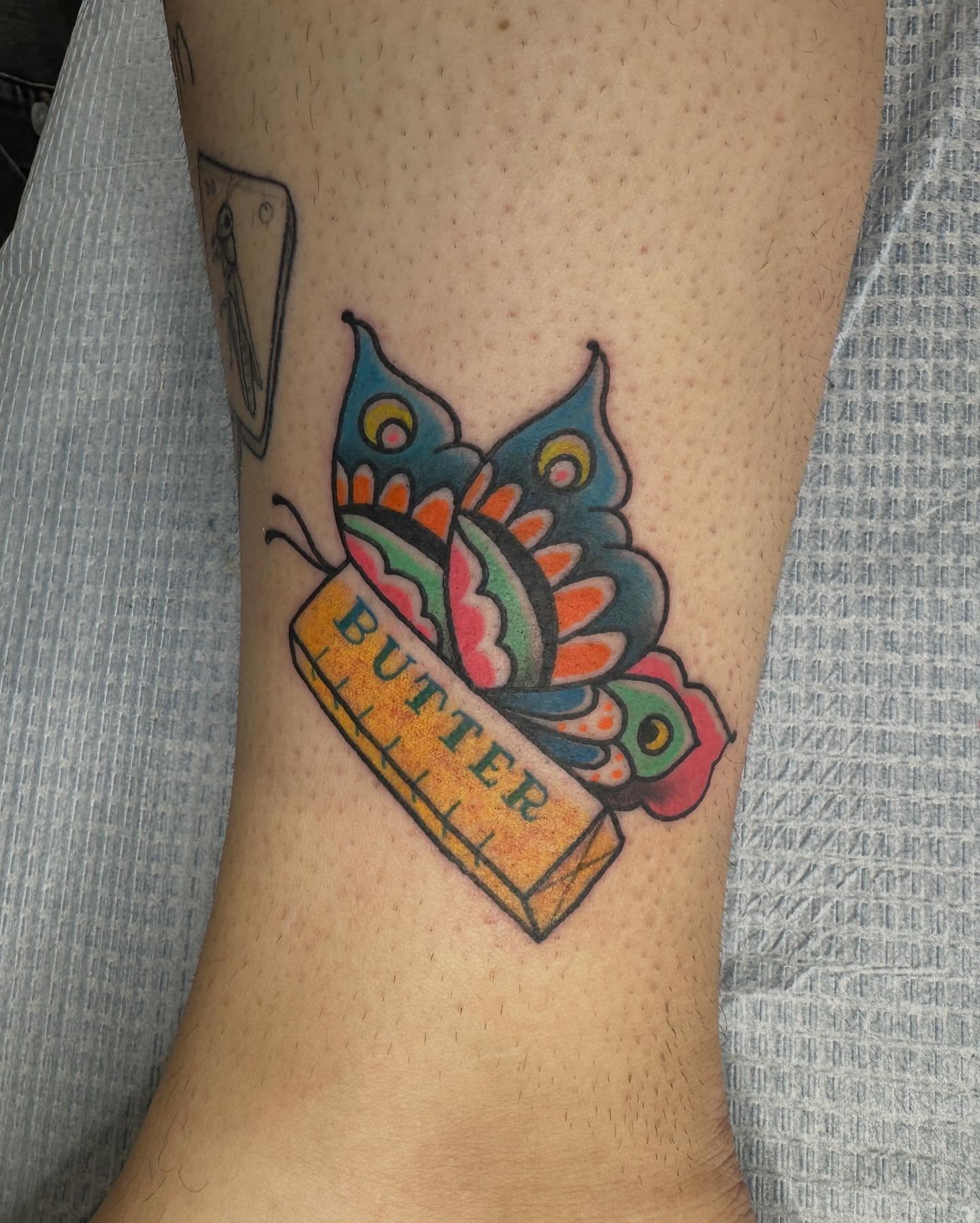 Butter and butterfly American traditional tattoo on the forearm by Andrea Lynne Hastings-Craven Tattoo Artist, Cleveland, Ohio
