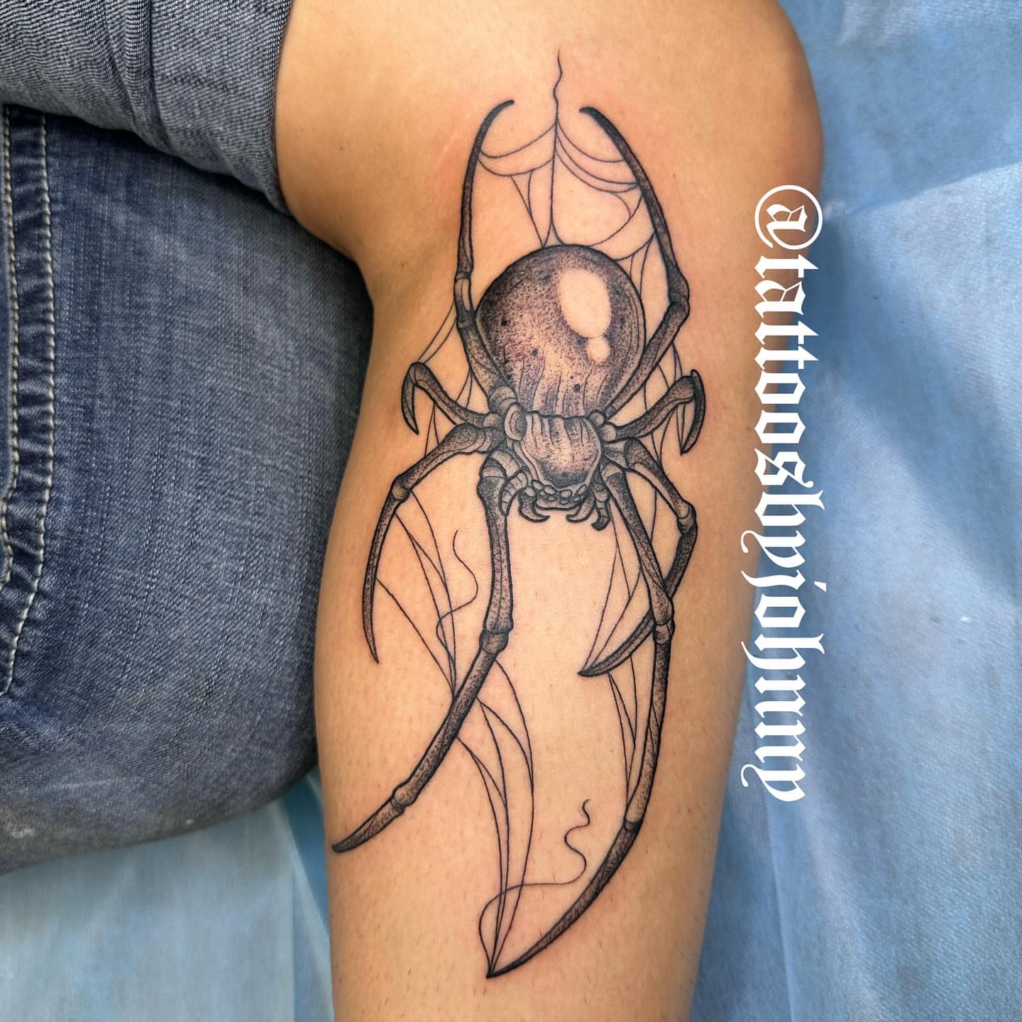 Spider dotwork tattoo on the forearm by Johnny Sepulveda