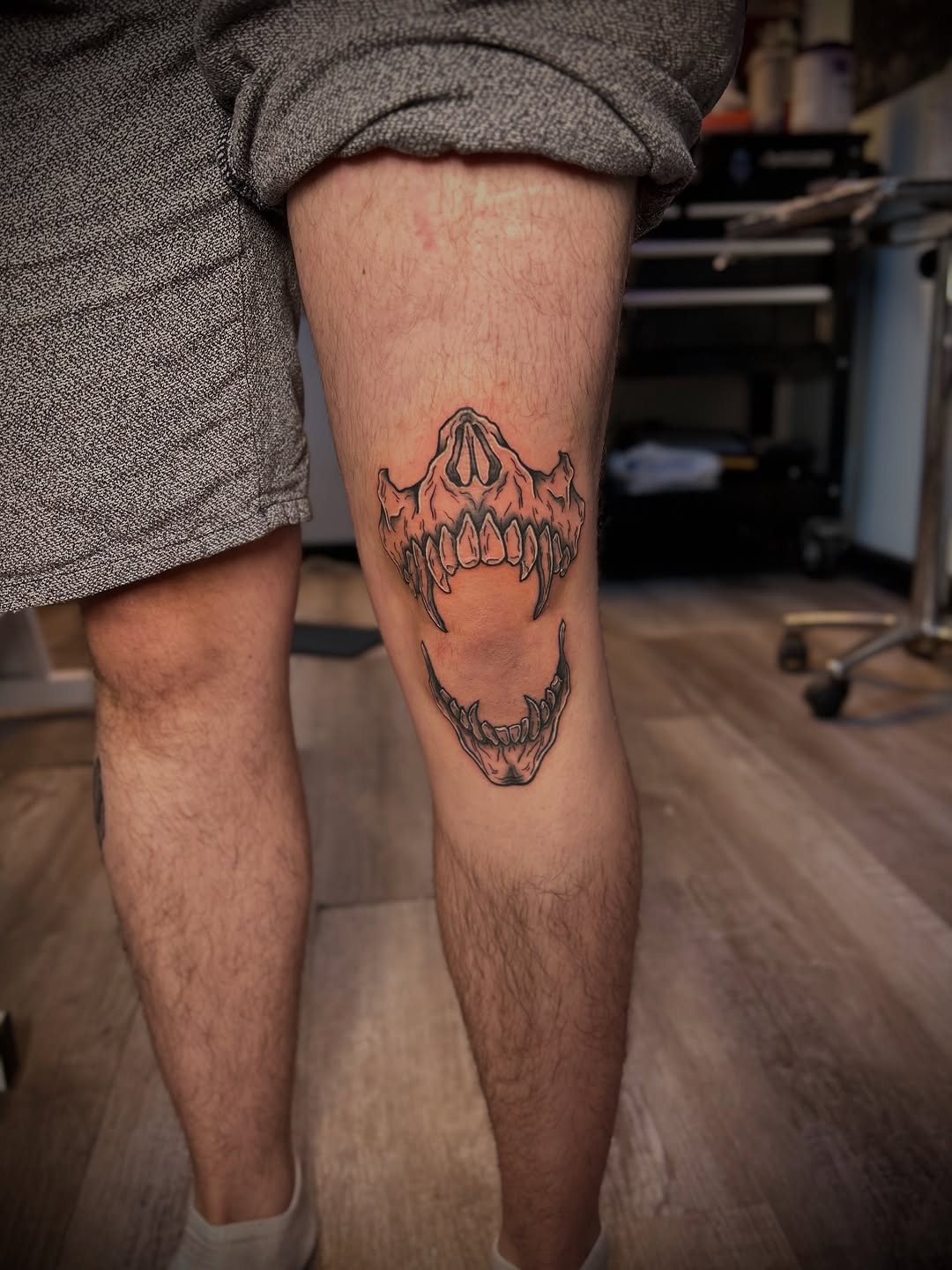 Animal skull realism tattoo on the thigh by Kiersten Tickle