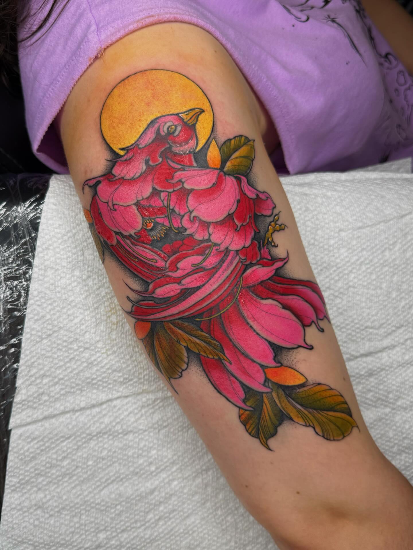Peony and bird new school tattoo on the forearm by π· C a t B l a c k π·οΈ