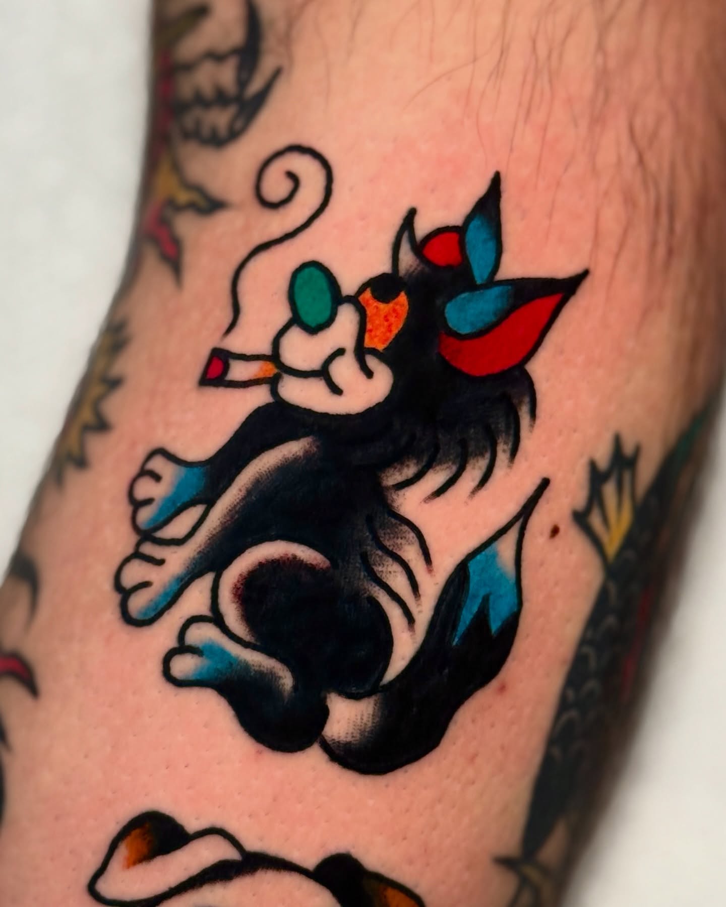 Smoking cat American traditional tattoo on the forearm by οΌππ¨ππ¨οΌ, New York, New York