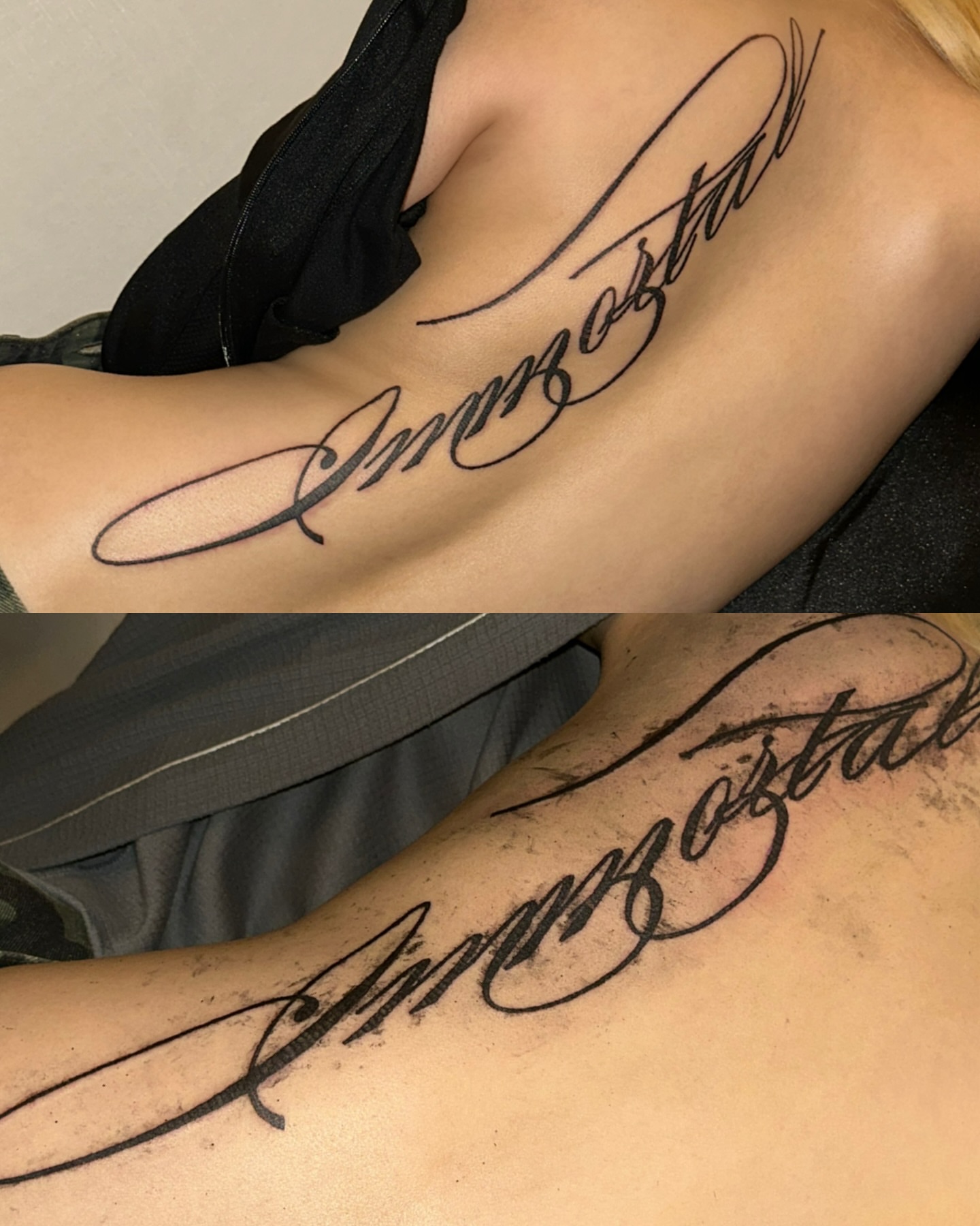 Script lettering lettering script tattoo on the shoulder by eyeball
