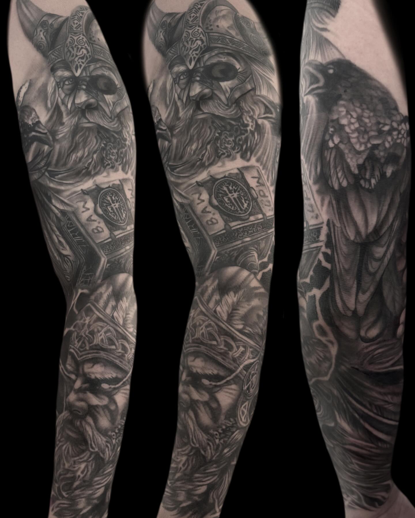 Viking warrior and raven realism tattoo on the forearm by Jen Bean, Richmond, Virginia