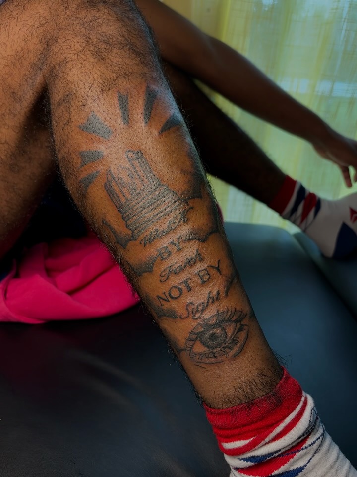 Eye and cityscape American traditional tattoo on the forearm by Mc X Happo