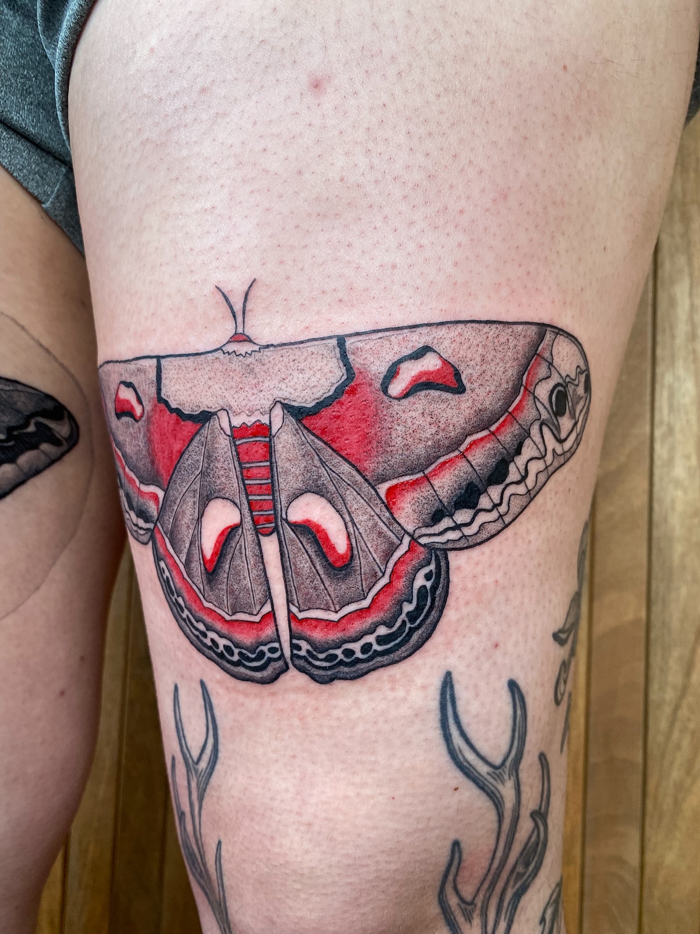 Moth realism tattoo on the thigh by Avery Kane