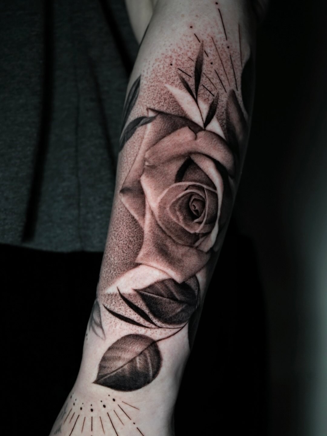 Rose dotwork tattoo on the forearm by Sabrina Lakhaysy, Fort Worth, Texas
