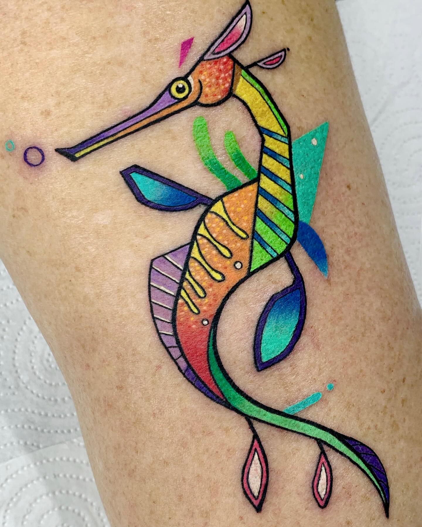 Seahorse new school tattoo on the forearm by hurjaesae