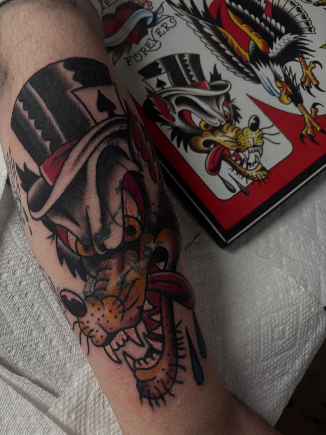 Wolf in a top hat American traditional tattoo on the forearm by Bold Will Hold ๐ค